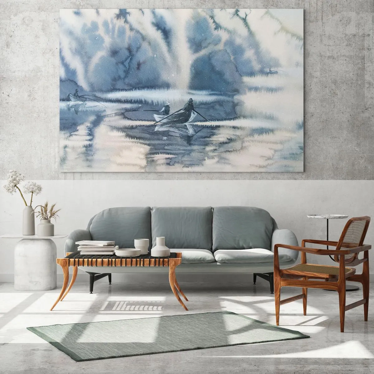 Glass picture - Two fishermen on a boat surrounded by a misty landscape - 70x50cm - Fishermen in Their Paradise - Modern wall decoration for the living room and bedroom ARTTOR
