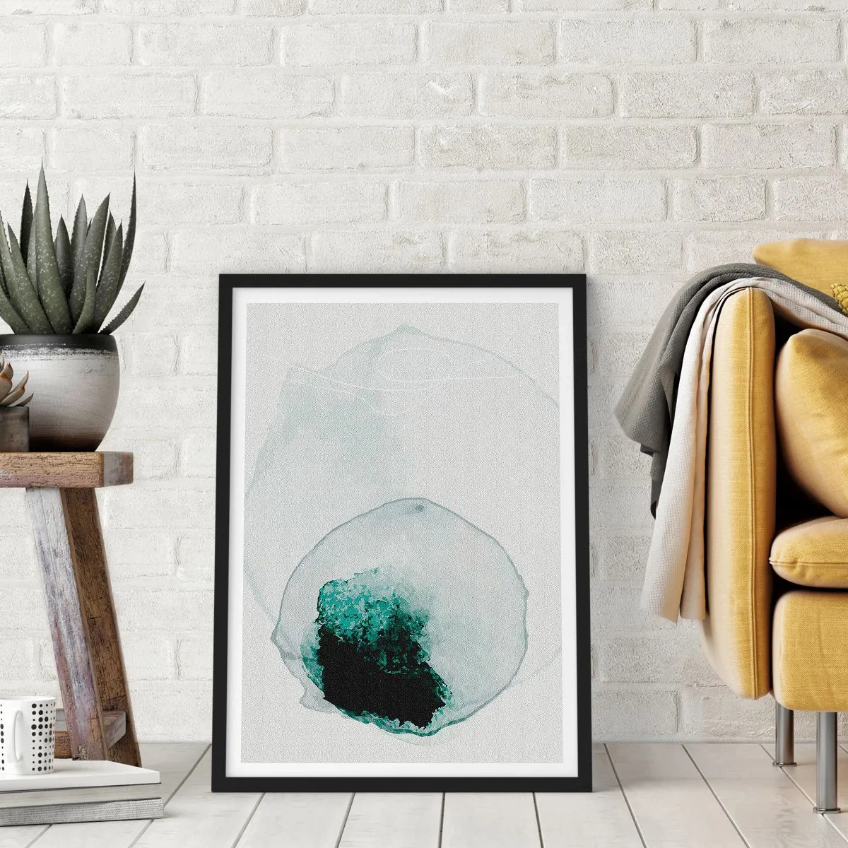 Poster in black frame - Abstract organic form in shades of green - 50x70cm - In a Waterdrop - Modern wall decoration for the living room and bedroom ARTTOR