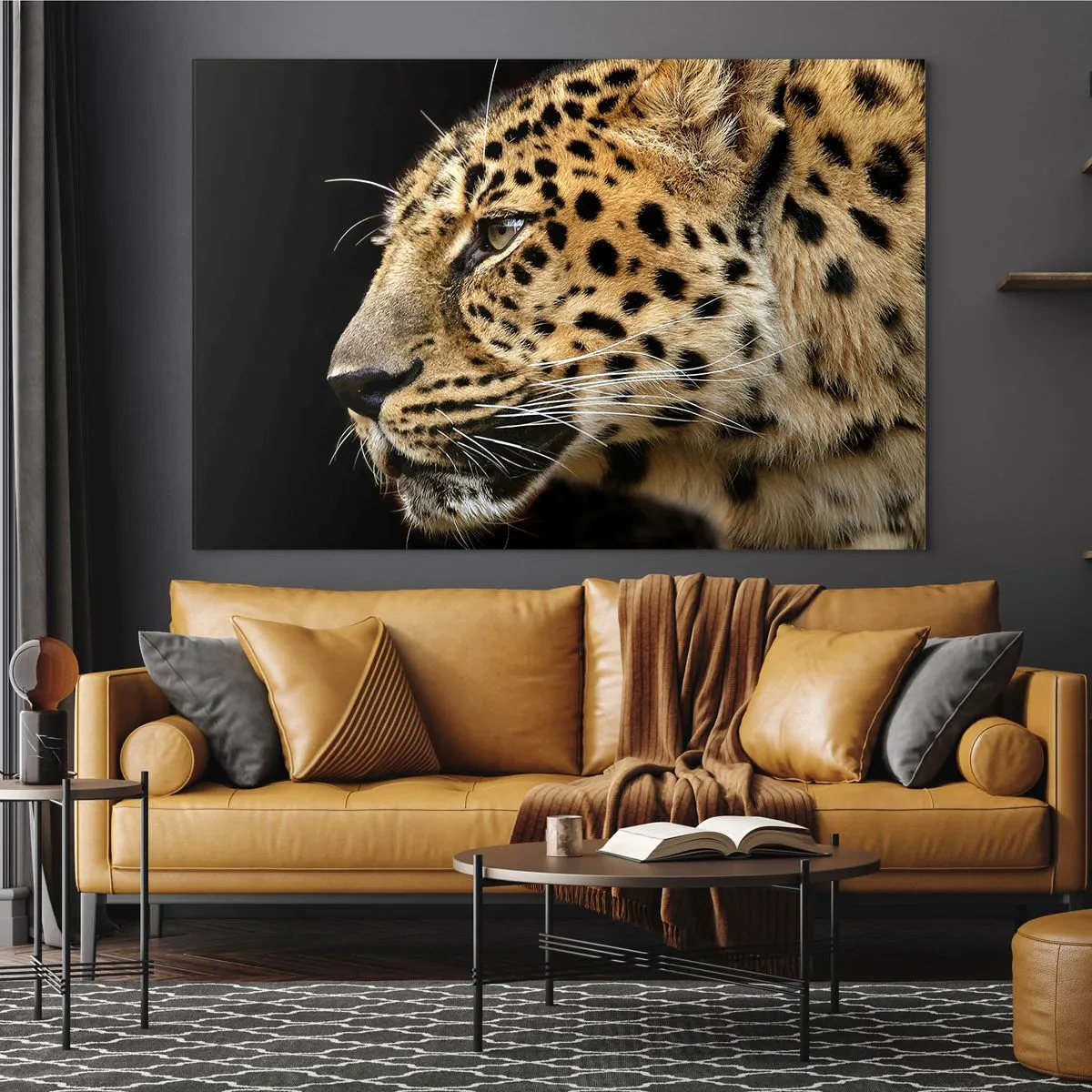 Glass picture - Profile of a leopard on a black background - 70x50cm - Calm, Focused, Ready - Modern wall decoration for the living room and bedroom ARTTOR