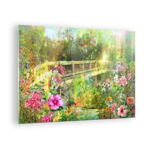 Glass picture - A bridge surrounded by lush vegetation and colorful flowers - 70x50cm - Bridge of Spring Sighs - Modern wall decoration for the living room and bedroom ARTTOR