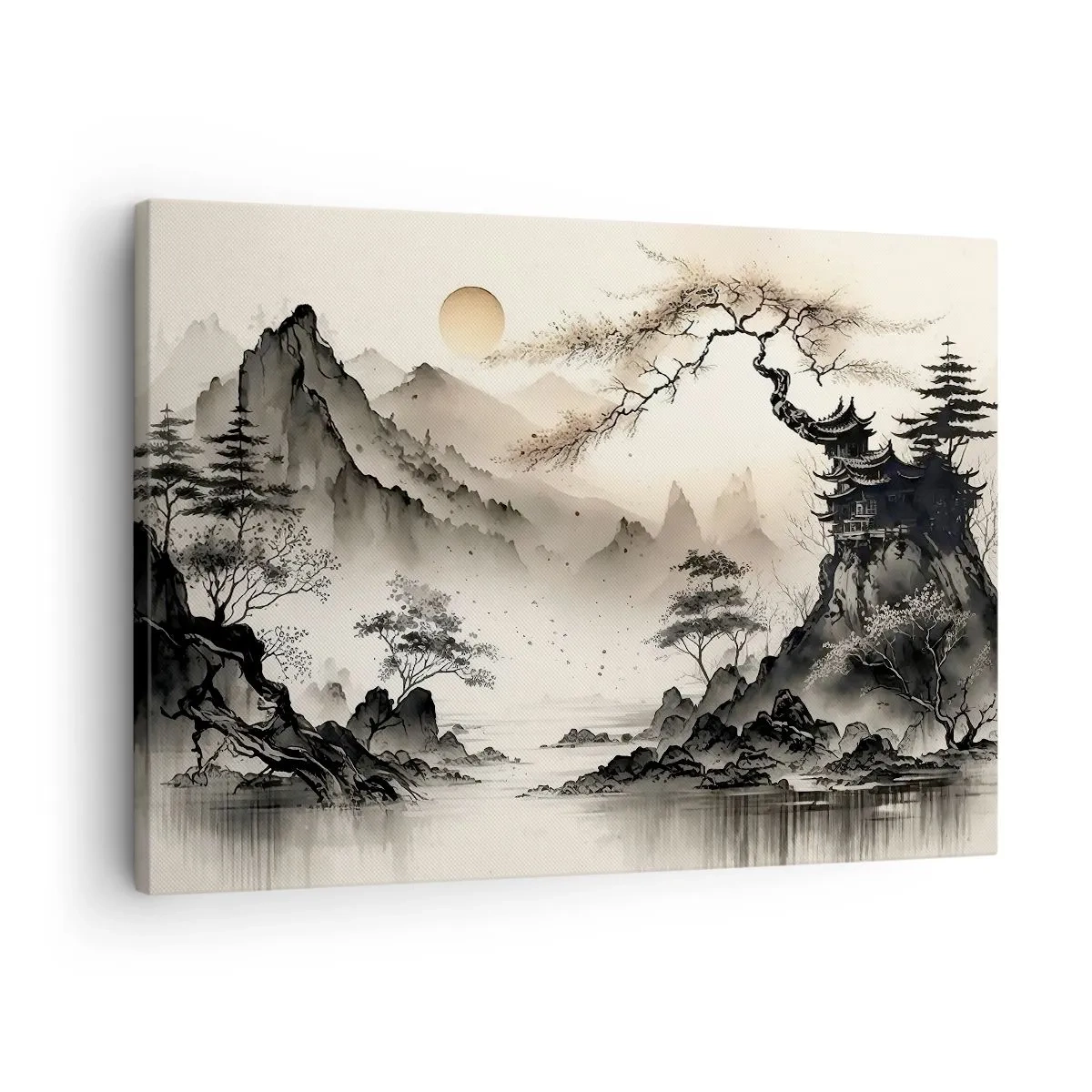 Canvas picture - An oriental landscape with mountains and a pagoda in delicate shades. - 70x50cm - Unique Charm of the Orient - Modern wall decoration for the living room and bedroom ARTTOR