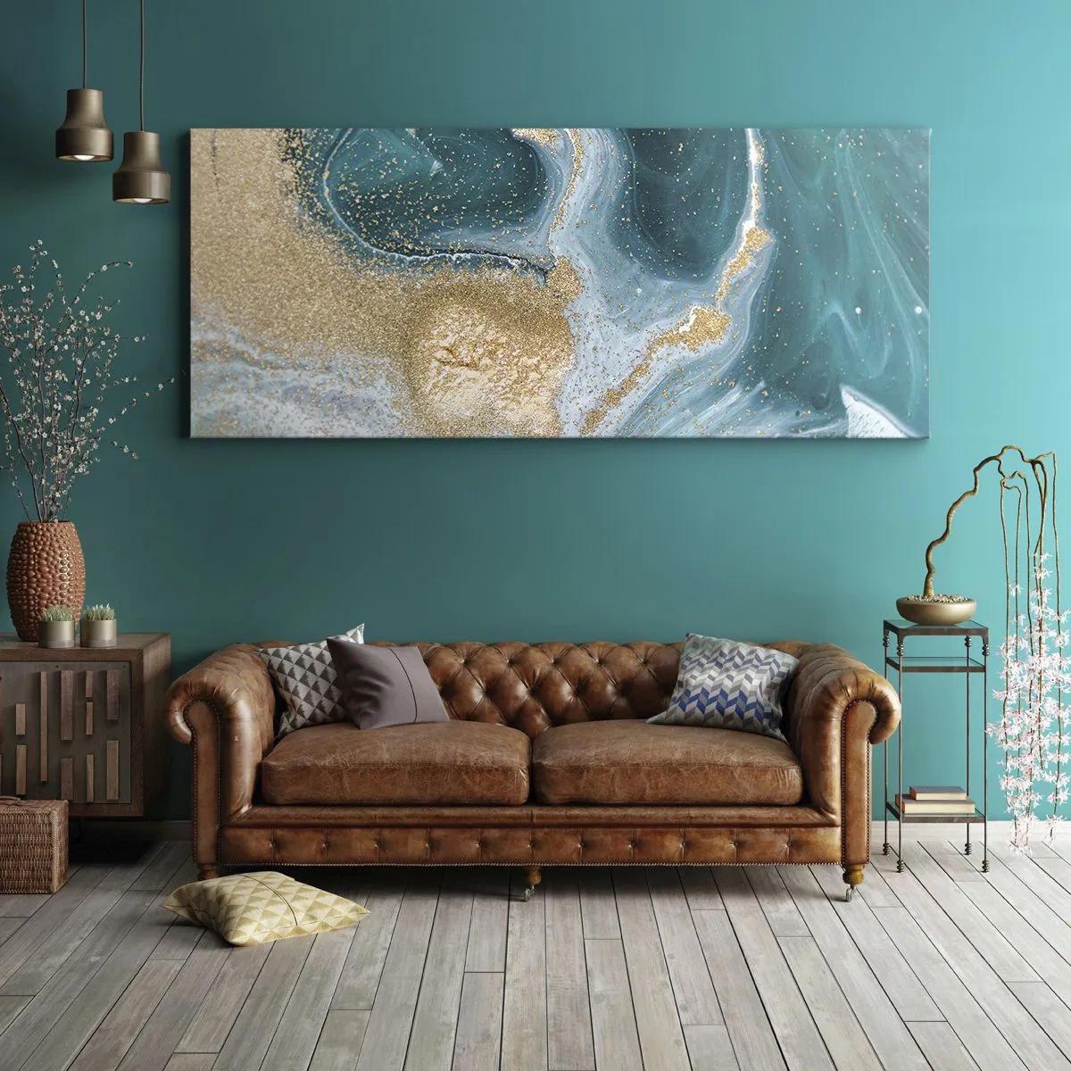Canvas picture - Swirl of Gold and Turquiose - 120x50 cm
