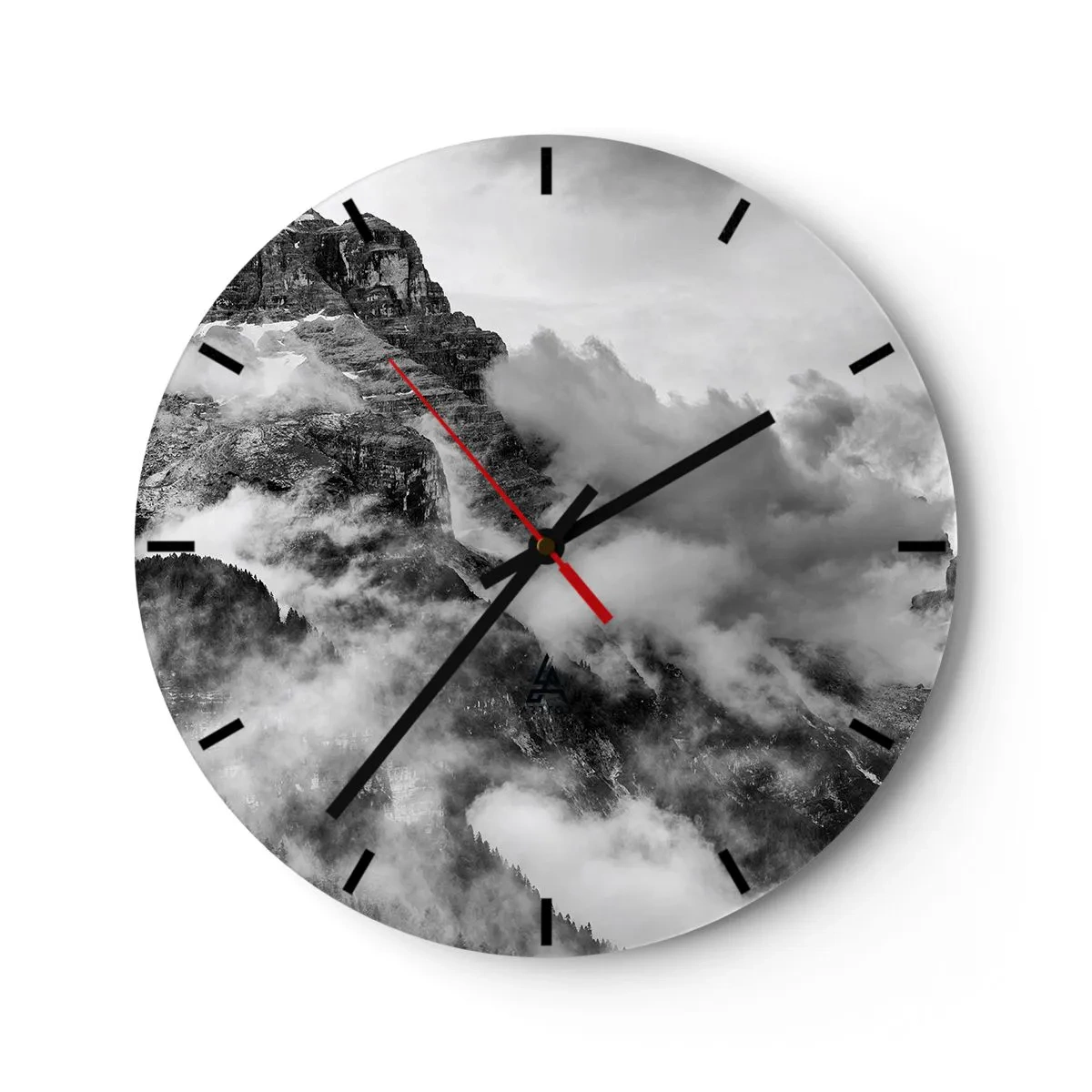 Wall clock - Clock on glass - A black and white photograph of mountains shrouded in mist. - 30x30cm - Beautiful and Cruel - Modern wall decoration for the living room, kitchen, and bedroom ARTTOR