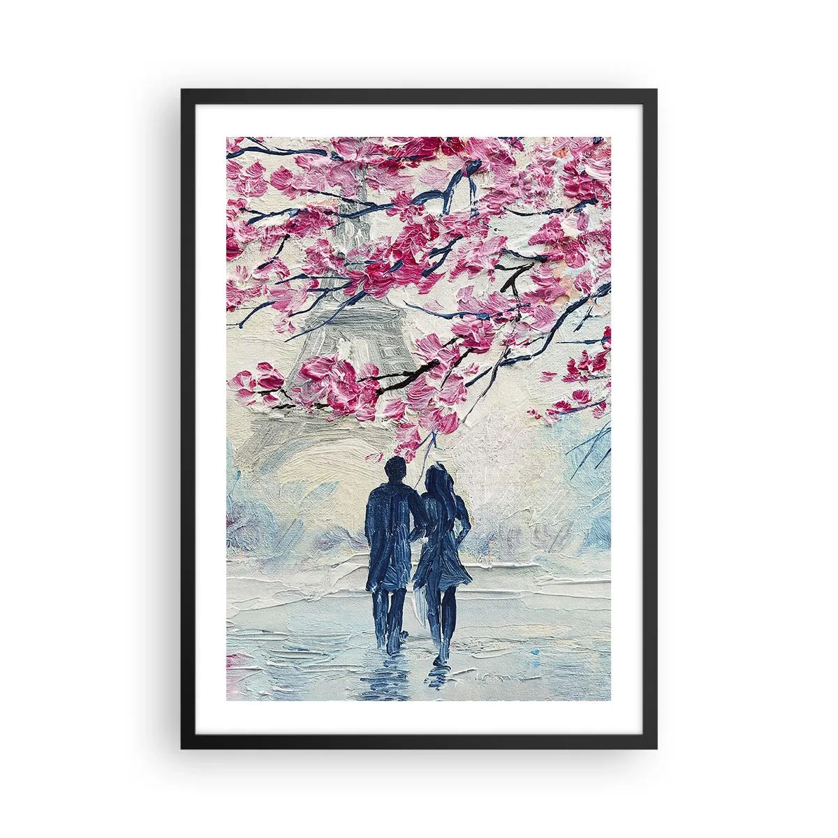Poster in black frame - A couple under flowering branches in a romantic landscape - 50x70cm - Romantic Walk - Modern wall decoration for the living room and bedroom ARTTOR