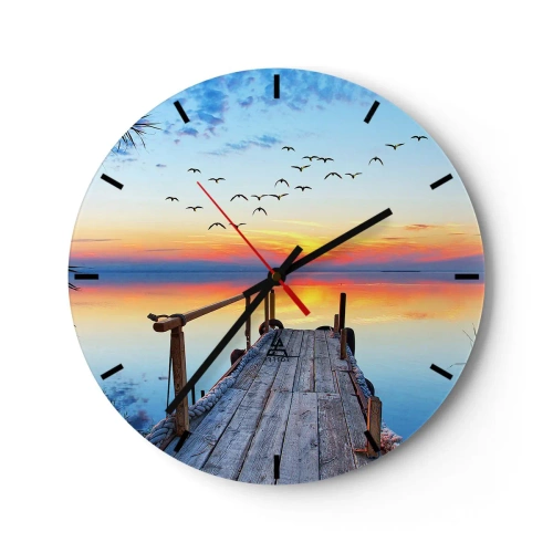 Wall clock - Clock on glass - A pier on the lake in the rays of the setting sun - 30x30cm - Time to Come Back… - Modern wall decoration for the living room, kitchen, and bedroom ARTTOR