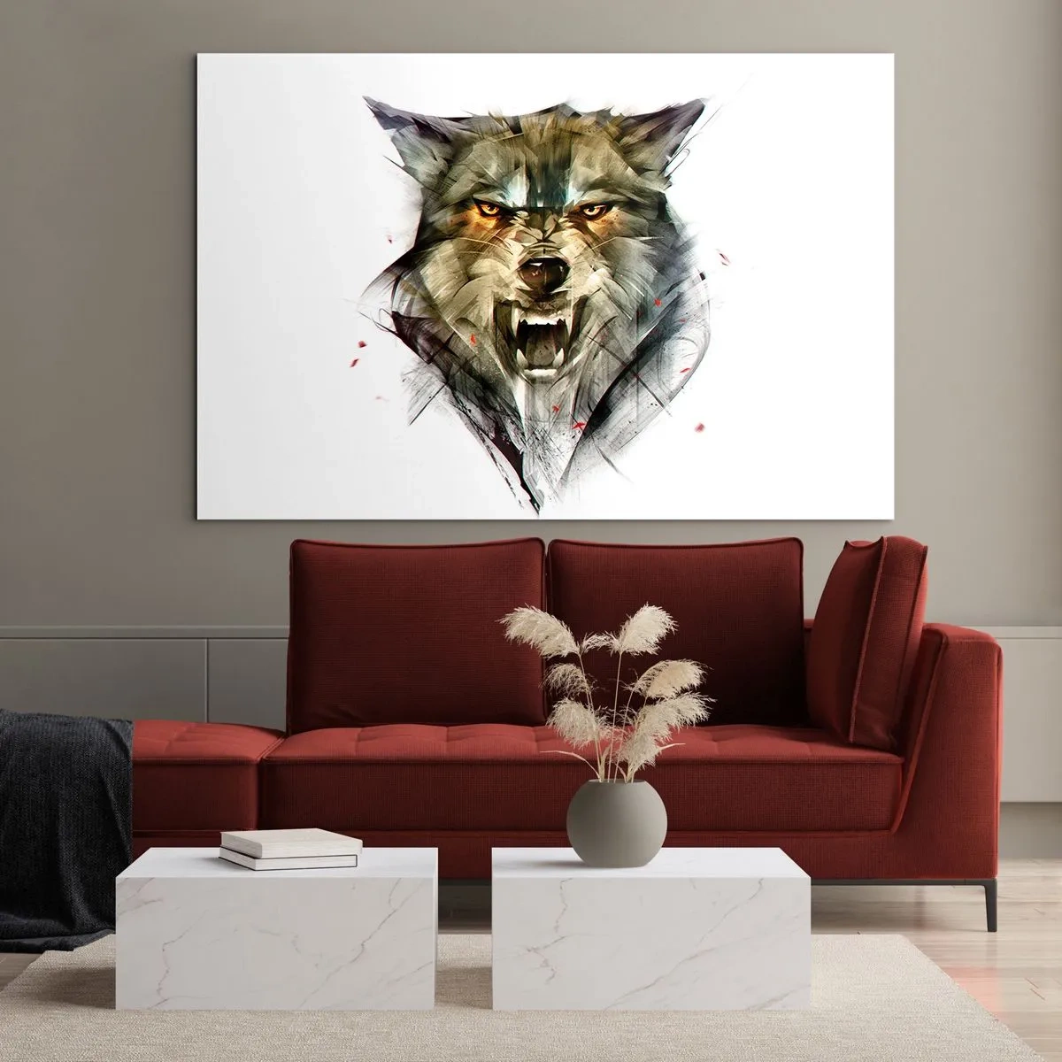 Glass picture - A graphic of a menacing wolf with an open mouth and an intense gaze - 70x50cm - Stand Back! - Modern wall decoration for the living room and bedroom ARTTOR
