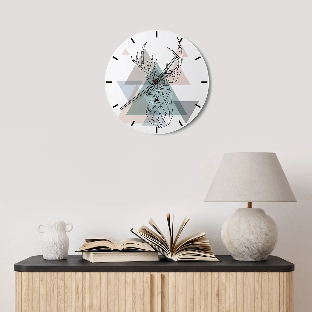 Wall clock - Clock on glass - Geometric image of a deer against a background of triangles - 30x30cm - In a Geometrical Forest - Modern wall decoration for the living room, kitchen, and bedroom ARTTOR