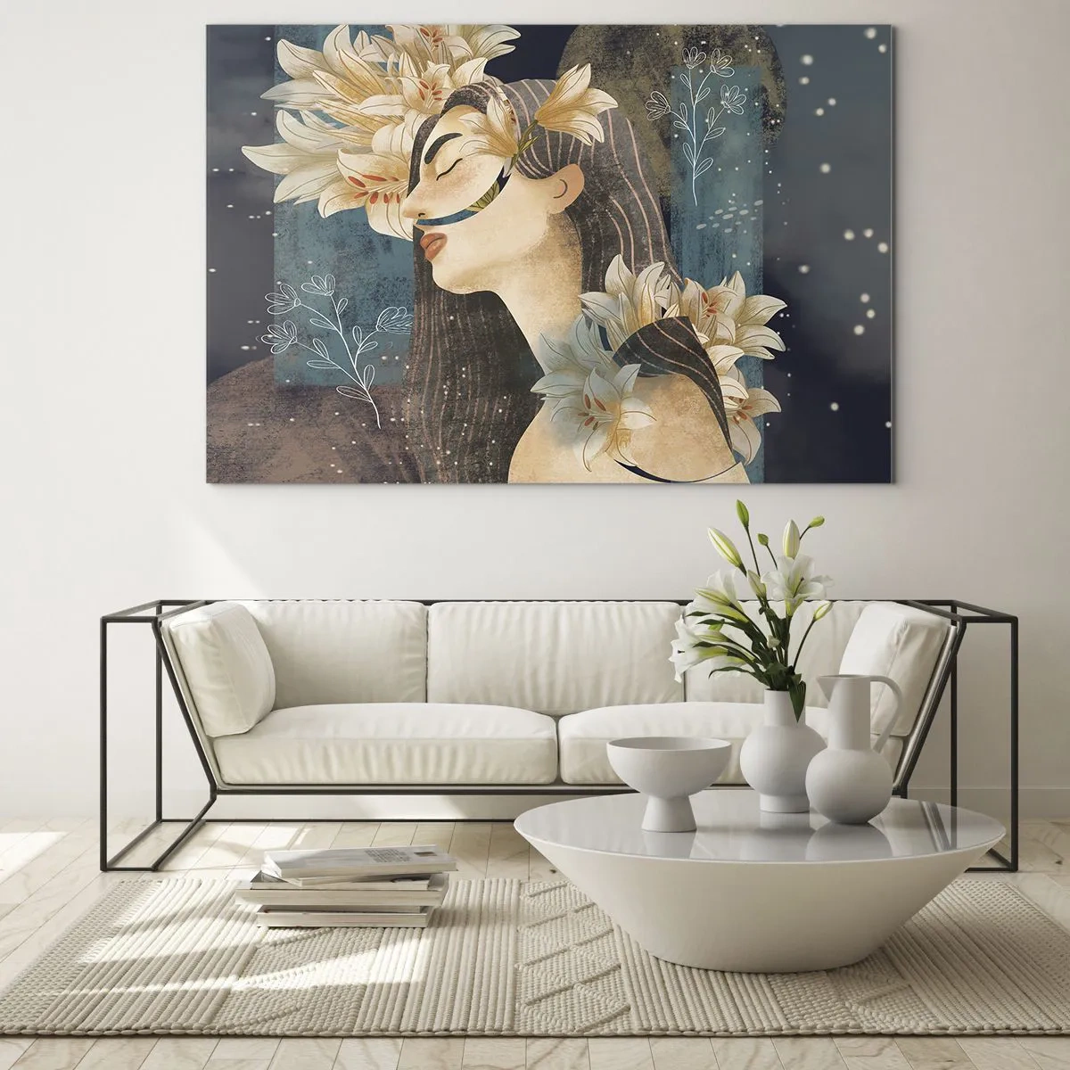 Glass picture - A female figure with lilies in a fairy-tale style - 70x50cm - Tale of a Queen with Lillies - Modern wall decoration for the living room and bedroom ARTTOR