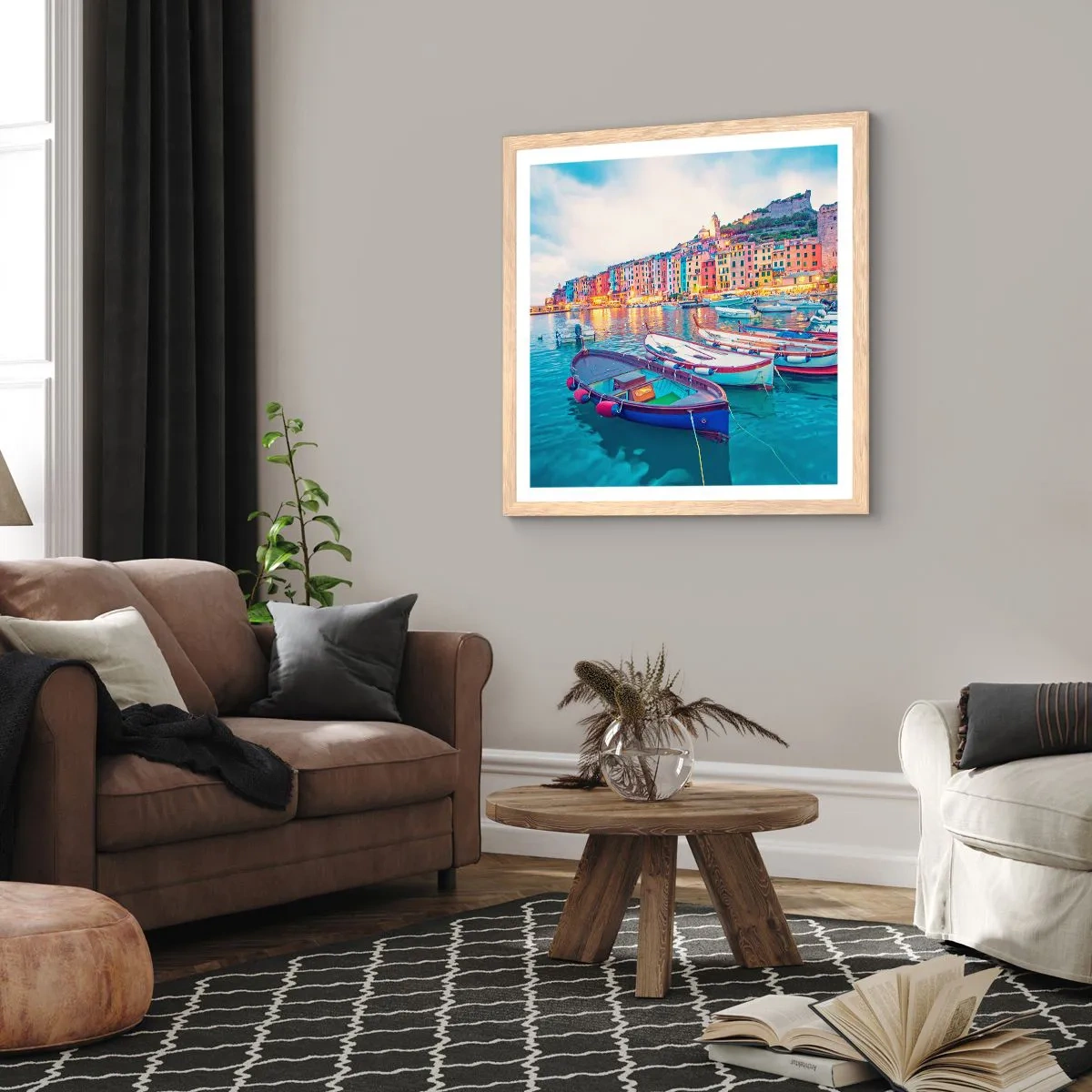 Poster in light oak frame - Colourful Evening in a Port - 50x50 cm