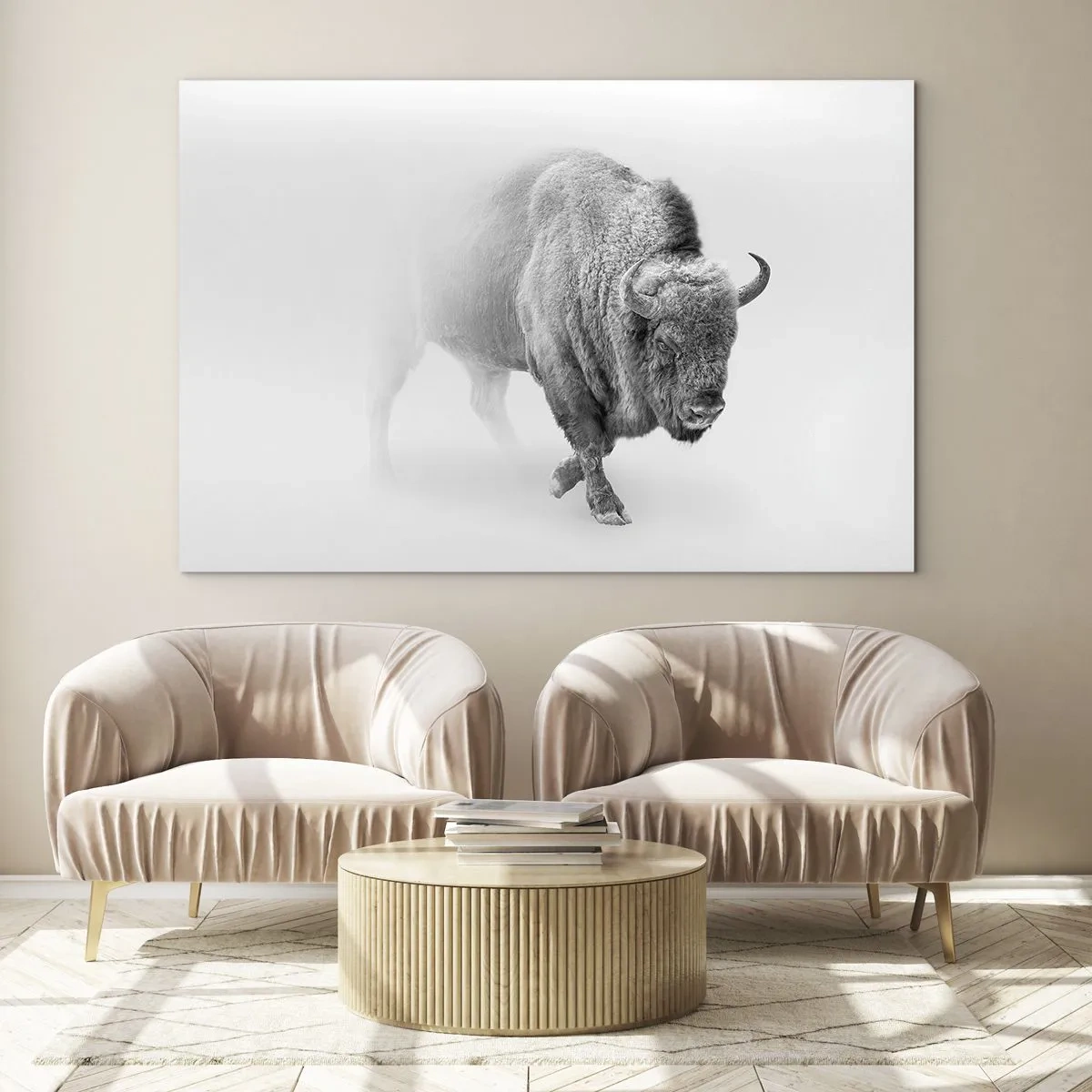 Glass picture - Black and white illustration of a majestic bison - 70x50cm - King of the Prairie - Modern wall decoration for the living room and bedroom ARTTOR