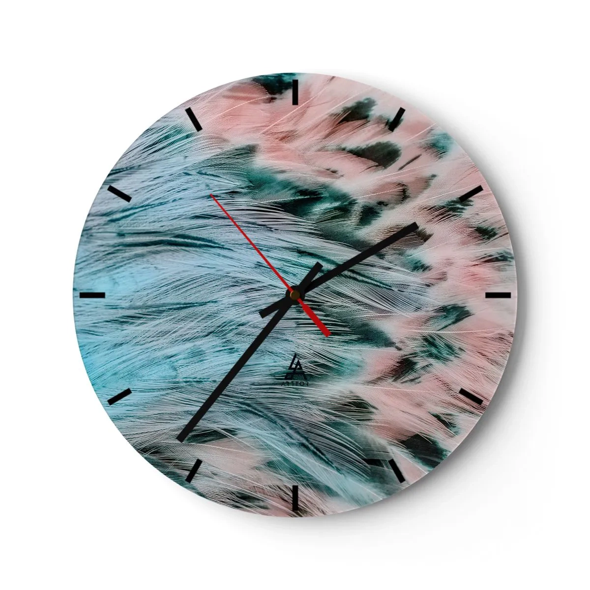 Wall clock - Clock on glass - Abstract feather pattern in shades of sapphire and pink - 30x30cm - Sapphire and Pink Feathers - Modern wall decoration for the living room, kitchen, and bedroom ARTTOR