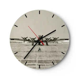 Wall clock - Clock on glass - Vintage airplane at a retro airport - 30x30cm - Ready as Always - Modern wall decoration for the living room, kitchen, and bedroom ARTTOR