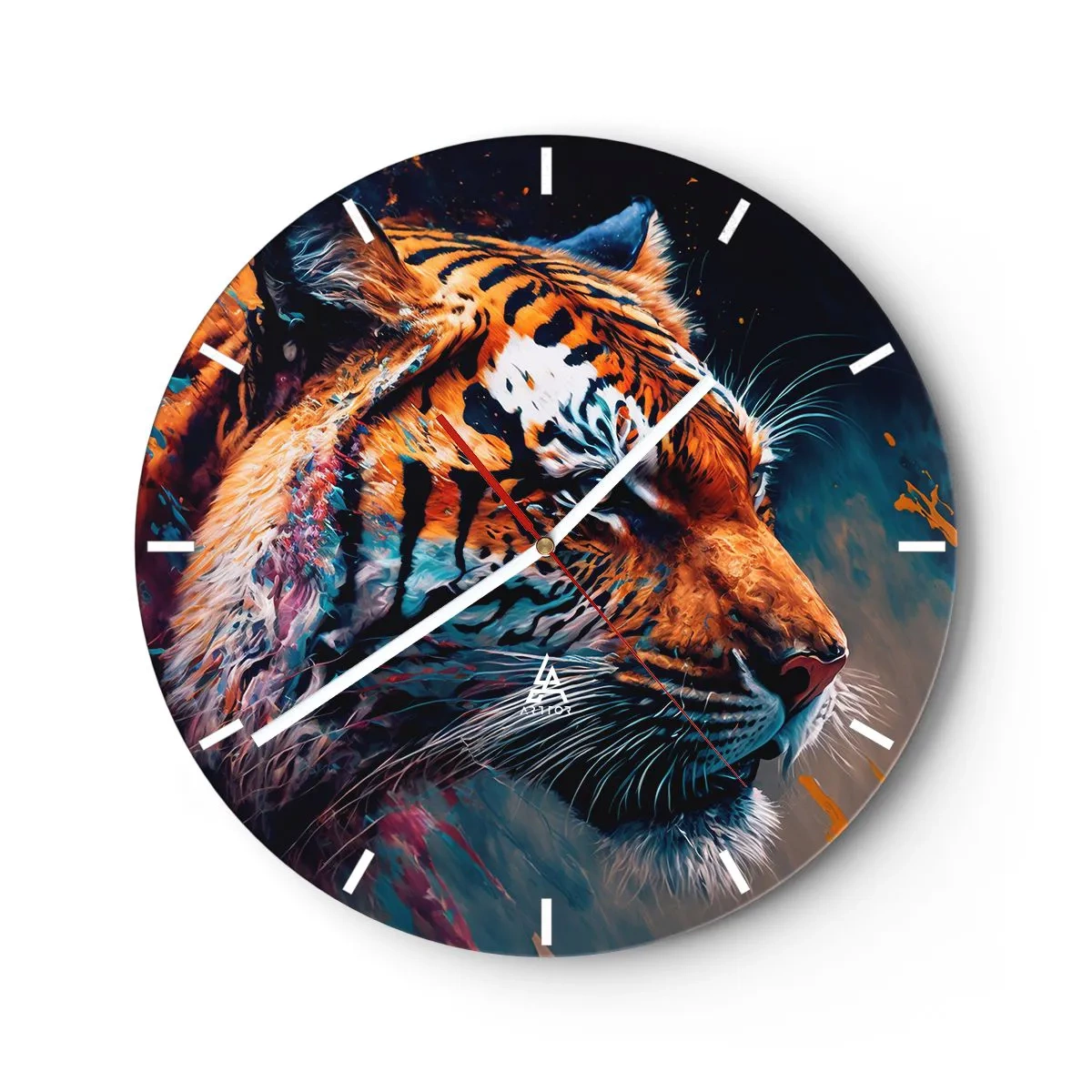 Wall clock - Clock on glass - Portrait of a tiger in intense colors with painterly accents - 30x30cm - Wild Beauty - Modern wall decoration for the living room, kitchen, and bedroom ARTTOR