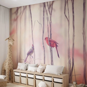 Photo Wallpaper Standard Eco - Tale of a Pink Forest - Bird, Nature, Forest - 300x210 cm