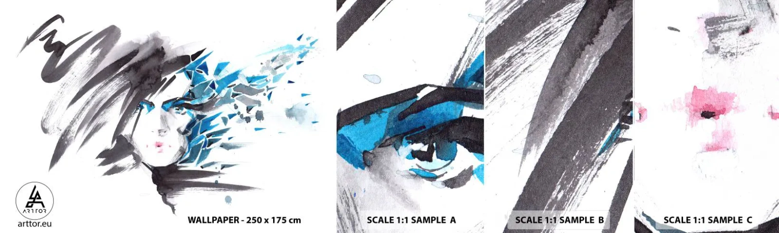 Photo Wallpaper Sample Self-Adhesive Deluxe Sticker - Sensual Portrait in Grey and Blue - Woman, Woman's Face, Abstraction - 100x30 cm