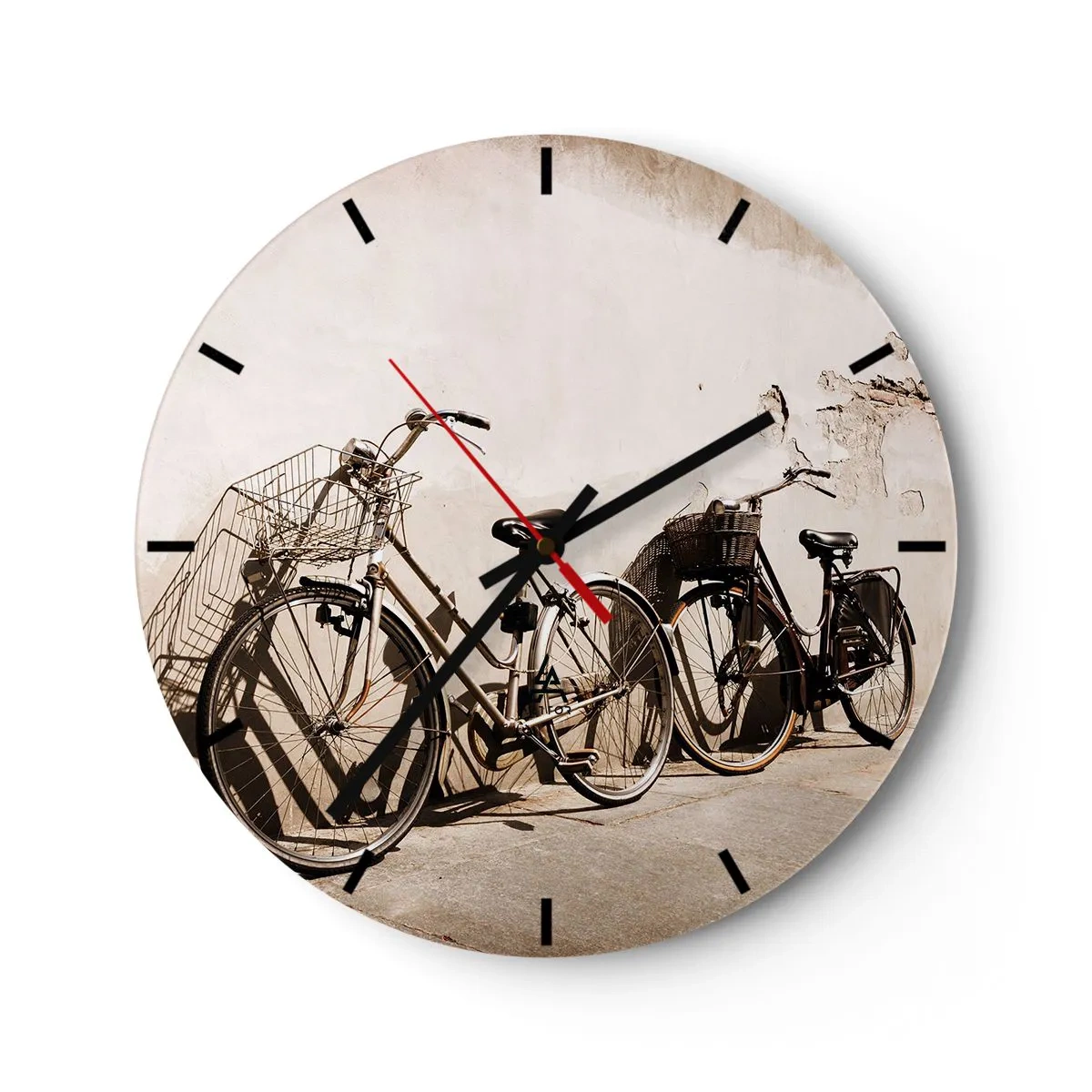 Wall clock - Clock on glass - Retro-style bicycles against a wall - 30x30cm - Unforgetable Charm of the Past - Modern wall decoration for the living room, kitchen, and bedroom ARTTOR
