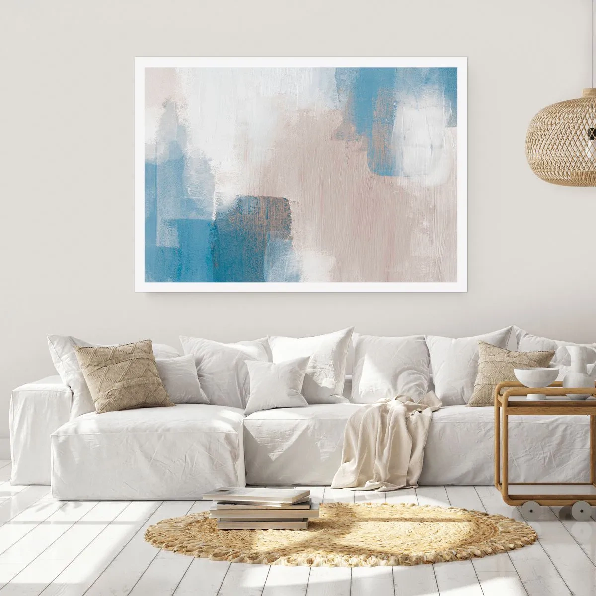 Poster - Pink Abstract with a Blue Curtain - 70x50 cm