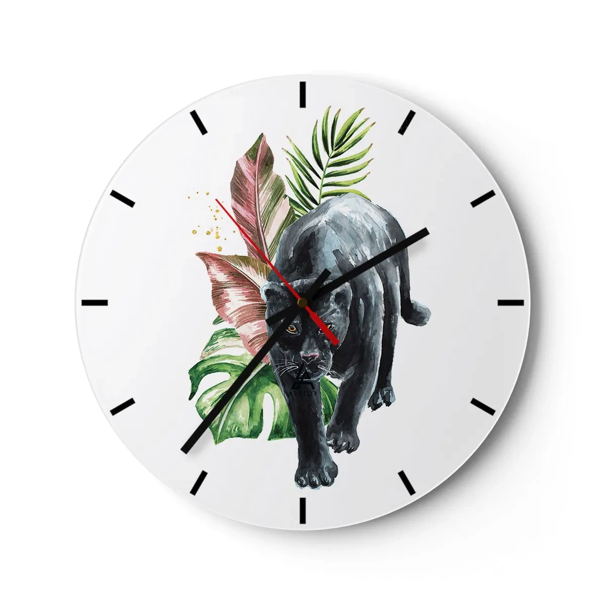 Wall clock - Clock on glass - Black panther with exotic leaves on a white background - 30x30cm - Wilderness of the Heart - Modern wall decoration for the living room, kitchen, and bedroom ARTTOR