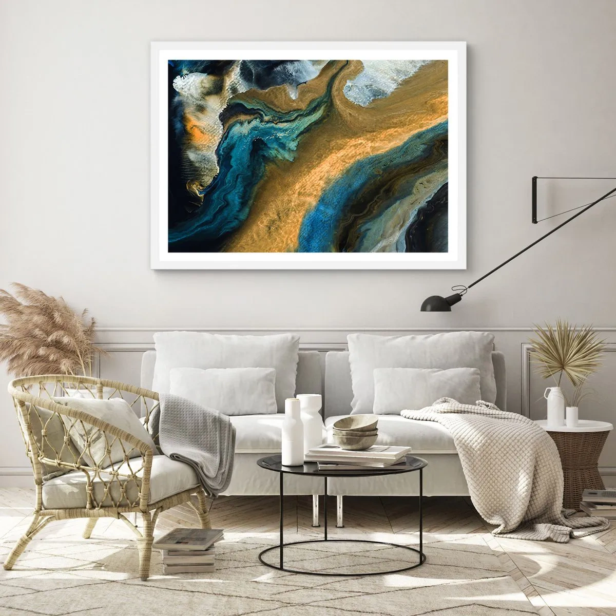 Poster in white frmae - Blue -Yellow - Mutal Influences - 100x70 cm