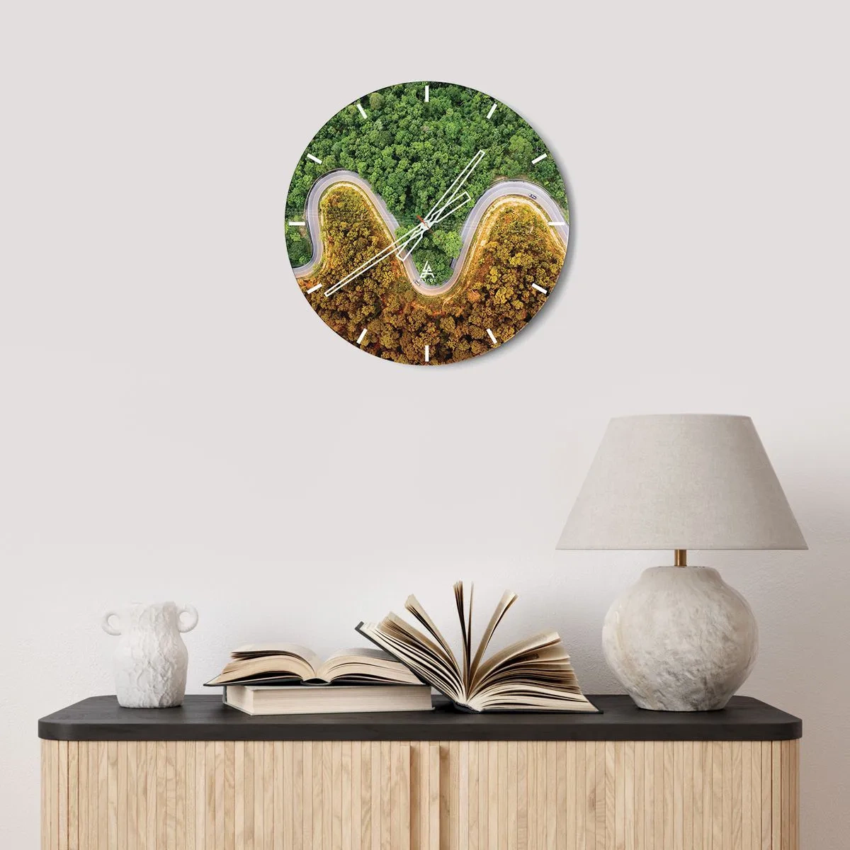 Wall clock - Clock on glass - A winding asphalt road cutting through the forest seen from above - 30x30cm - Borders and Breakthroughs - Modern wall decoration for the living room, kitchen, and bedroom ARTTOR