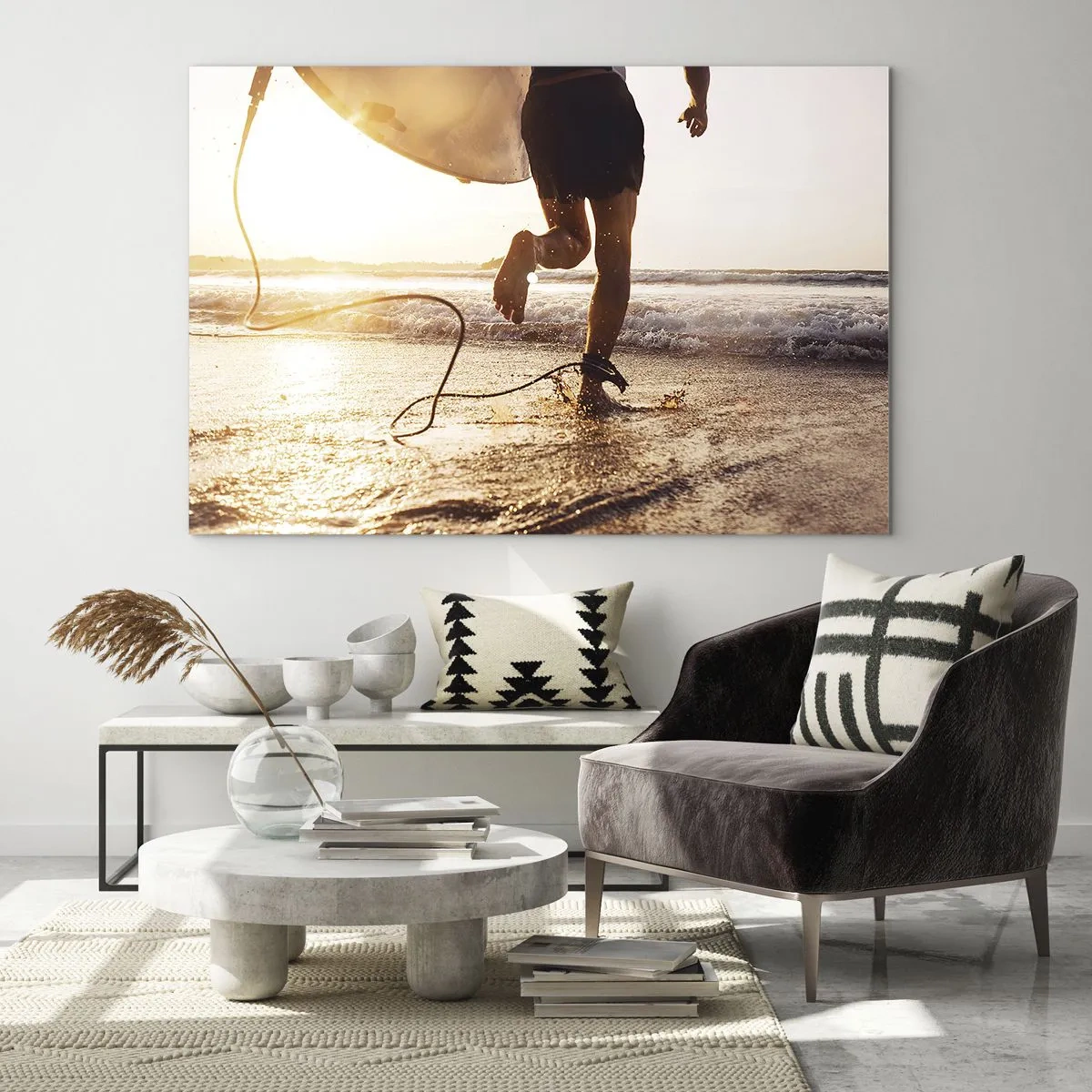 Glass picture - A surfer runs with his board along the beach at sunset. - 70x50cm - Encounter with a Wave - Modern wall decoration for the living room and bedroom ARTTOR
