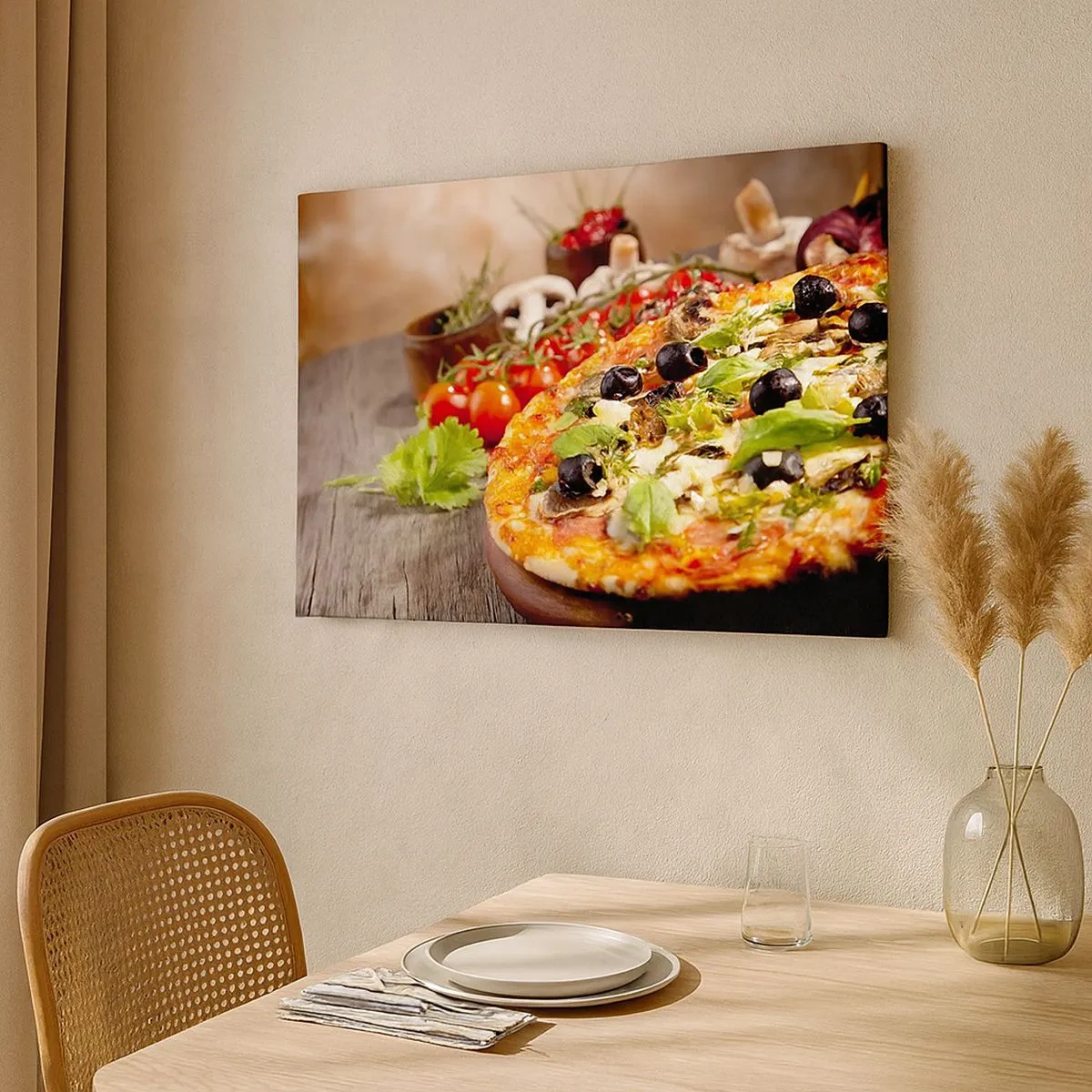 Canvas picture - Pizza with olives, basil and fresh ingredients on a wooden background - 70x50cm - Earthly Ingredients - Modern wall decoration for the living room and bedroom ARTTOR