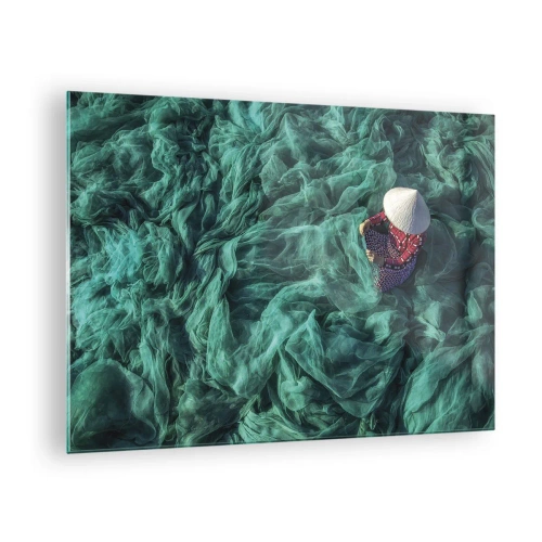 Glass picture - woman in a traditional hat mending nets - 70x50cm - In the Sea of Nets - Modern wall decoration for the living room and bedroom ARTTOR
