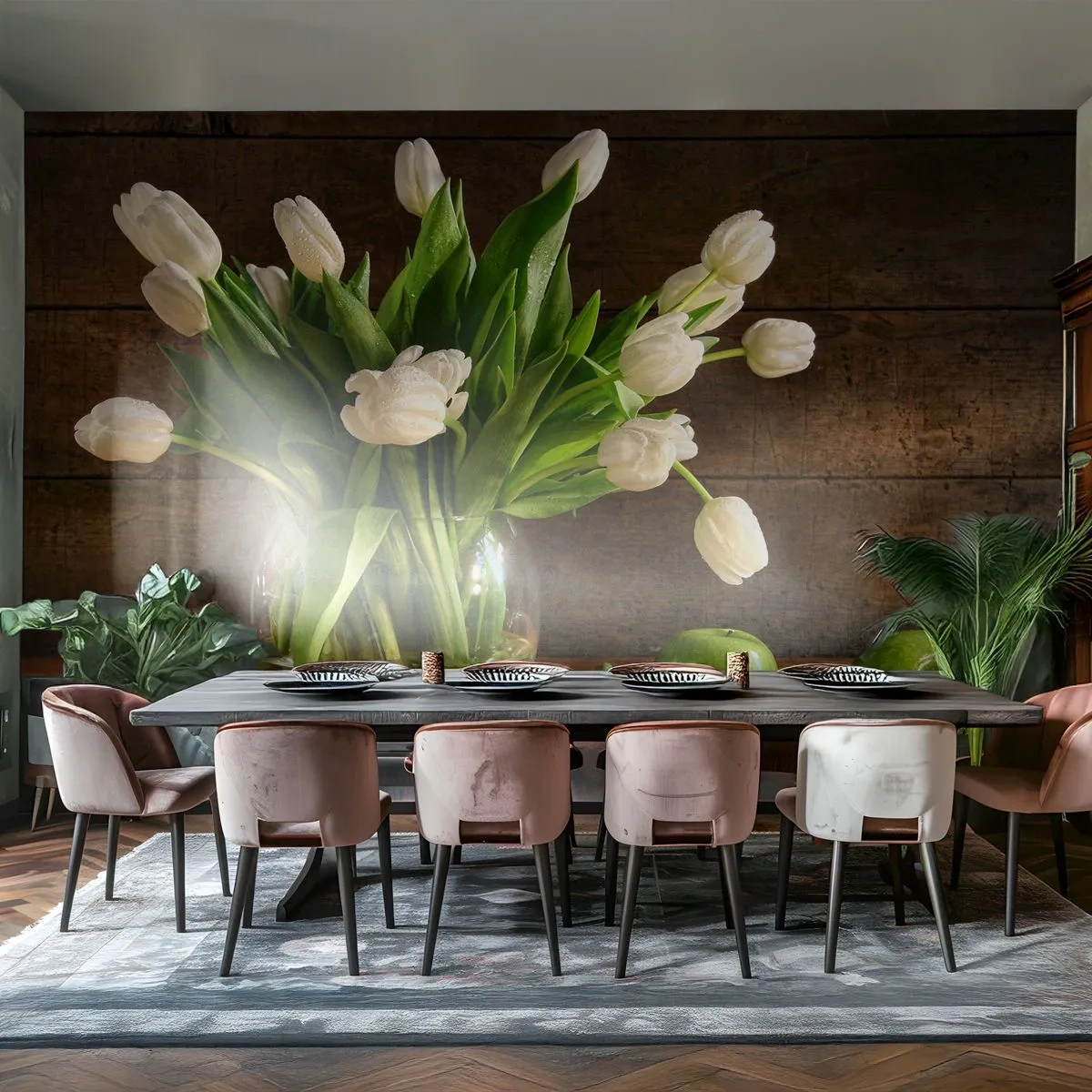 Photo Wallpaper Premium Canvas - Juicy and Fresh in Green and White - Flowers, Tulips, Bouquet of flowers - 250x175 cm