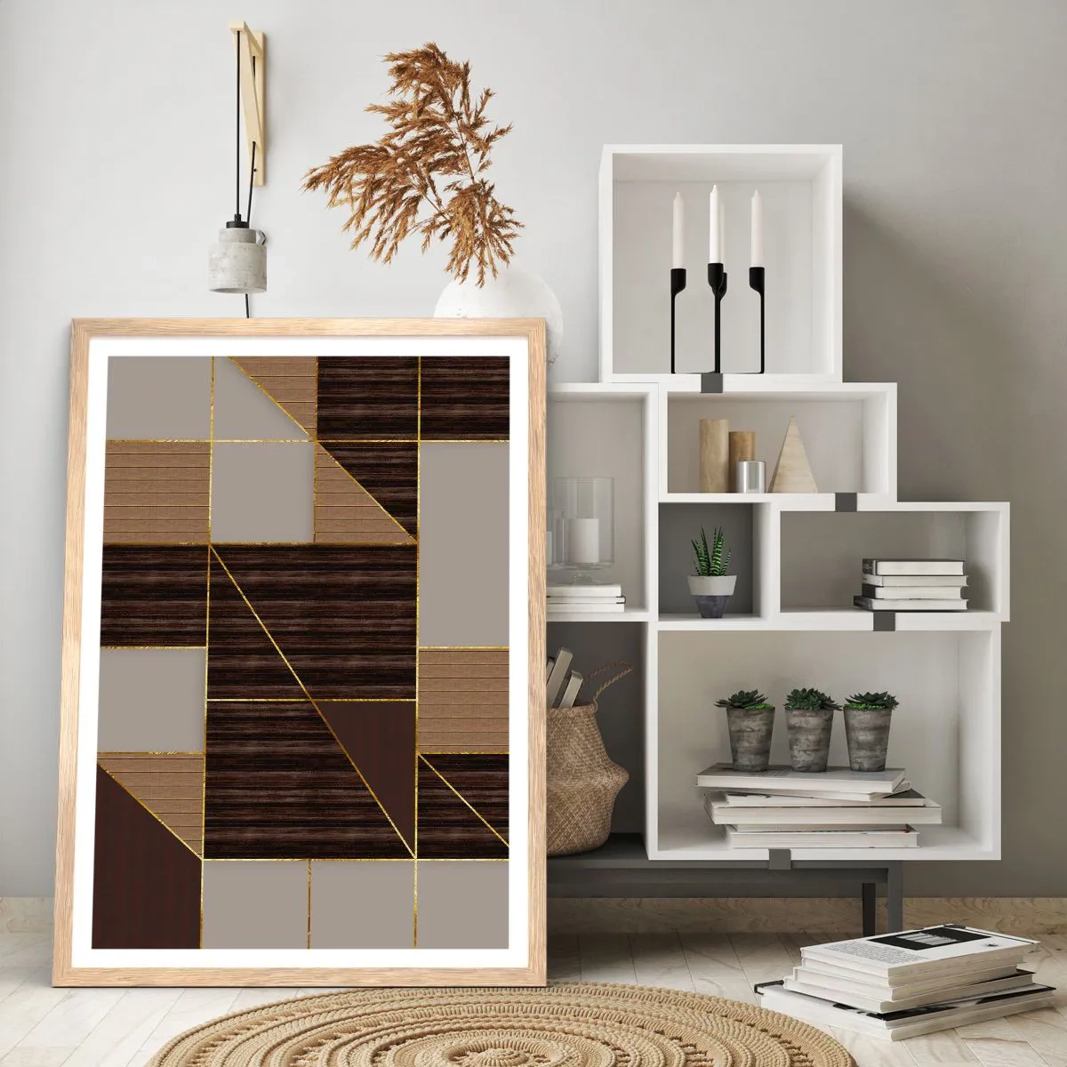 Poster in light oak frame - Mosaic of Brown and Gold - 50x70 cm