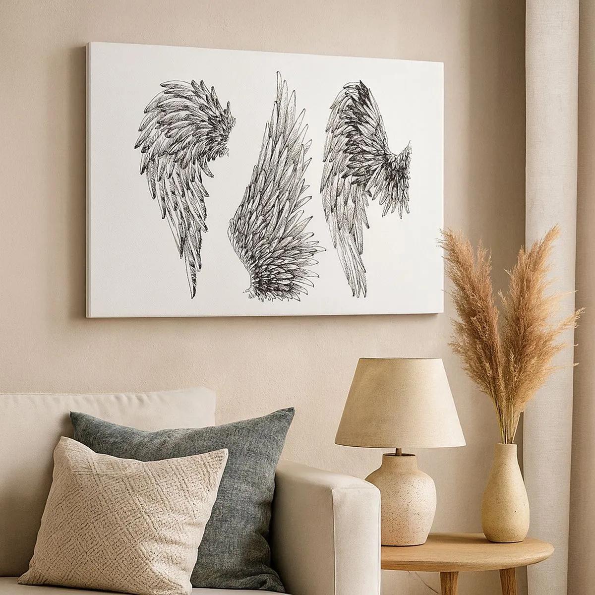 Canvas picture - Three black and white sketches of wings in a minimalist style. - 70x50cm - You Can Be an Angel - Modern wall decoration for the living room and bedroom ARTTOR