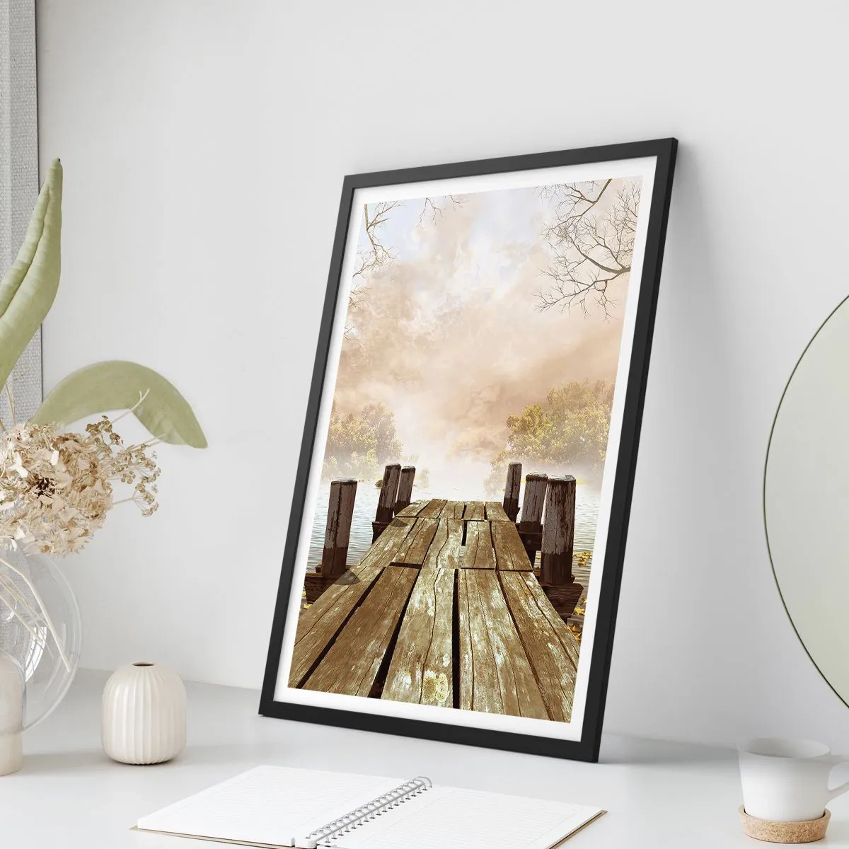 Poster in black frame - An old wooden pier over a lake in a foggy setting - 50x70cm - Gentle Sadness of Autumn - Modern wall decoration for the living room and bedroom ARTTOR