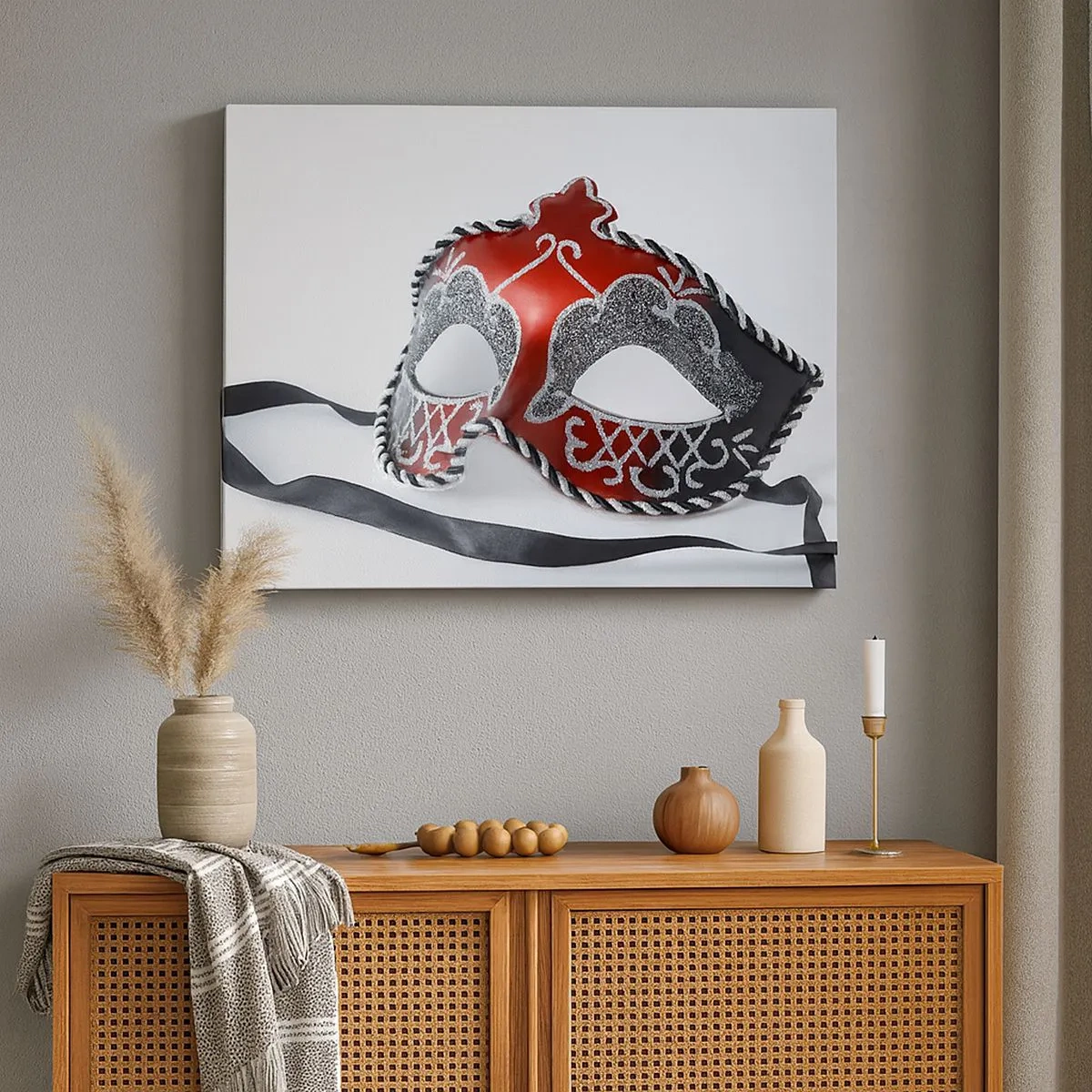 Canvas picture - Red carnival mask on a light background - 70x50cm - Invitation to a Ball - Modern wall decoration for the living room and bedroom ARTTOR