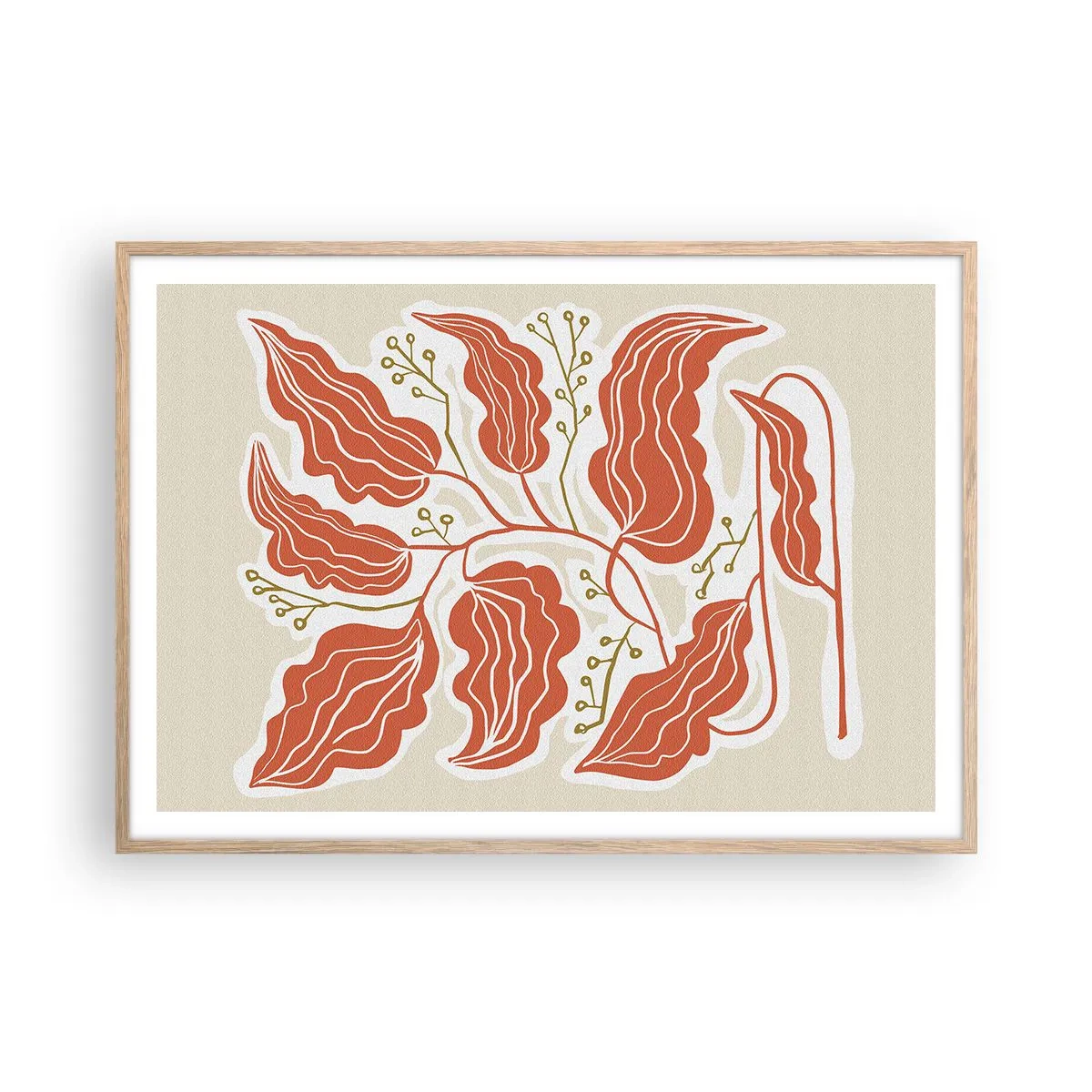 Poster in light oak frame - Folk and Coral - 100x70 cm