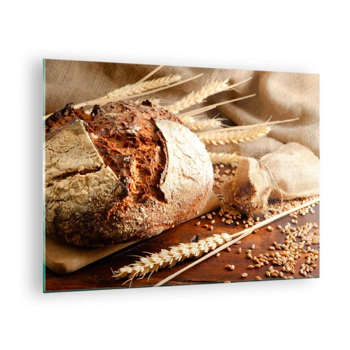 Glass picture - Bread on a board with wheat ears and grain bags - 70x50cm - Tasty, Fragrant, Crunchy - Modern wall decoration for the living room and bedroom ARTTOR