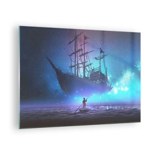 Glass picture - A night ship floating above the water in a magical aura - 70x50cm - Encounter with a Sea Myth - Modern wall decoration for the living room and bedroom ARTTOR