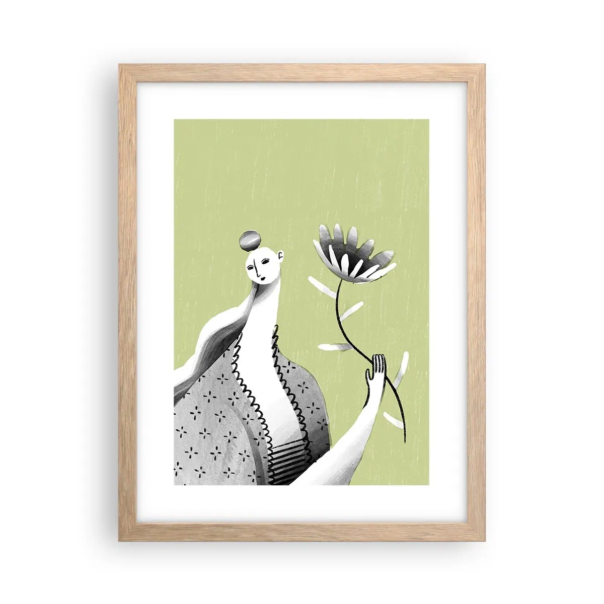 Poster in light oak frame - Modernist Portrait - Holding a FLower - 30x40 cm