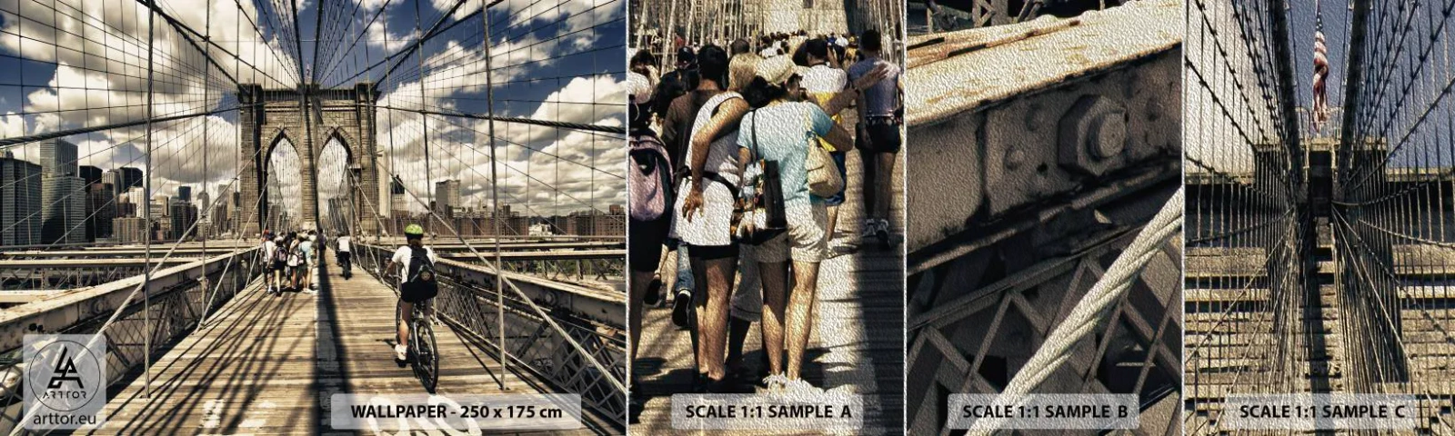 Photo Wallpaper Sample Premium Sand - Straight to the Heart of the City - Brooklyn Bridge, New York, City - 100x30 cm