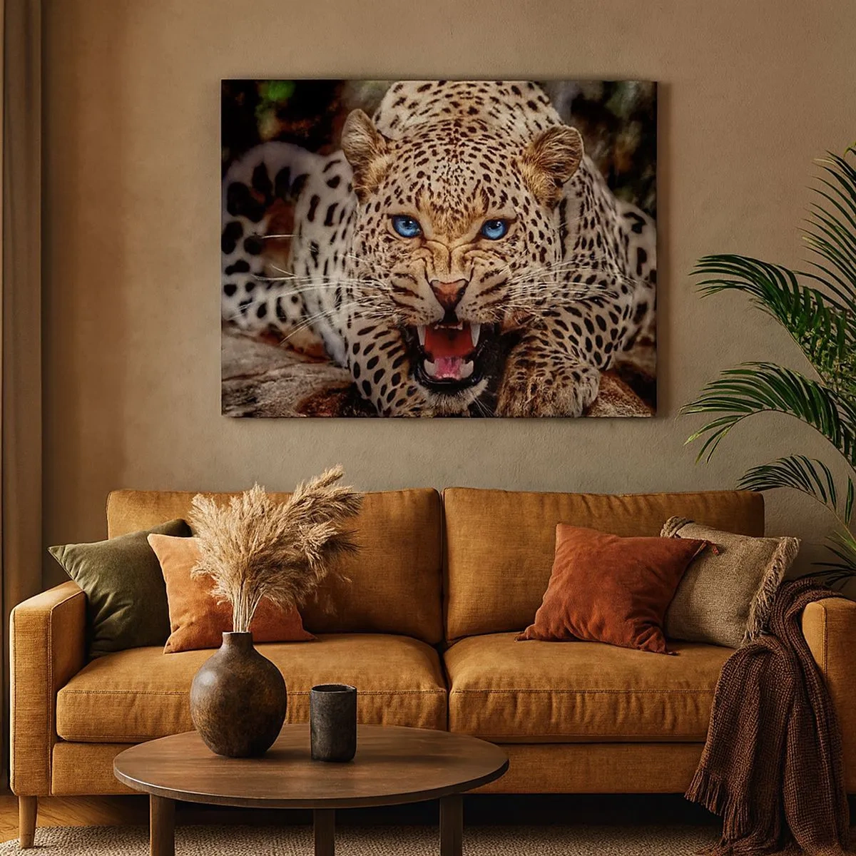 Canvas picture - A menacing leopard with intense blue eyes - 70x50cm - Angry but Still Beautiful - Modern wall decoration for the living room and bedroom ARTTOR