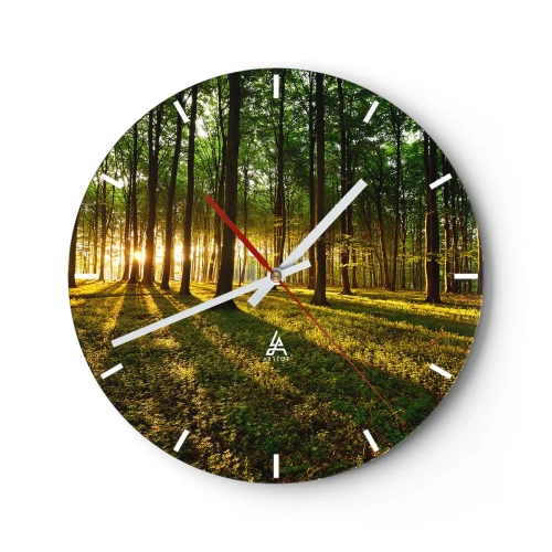 Wall clock - Clock on glass - A forest with sun rays shining through the trees - 30x30cm - Photography of All Springs - Modern wall decoration for the living room, kitchen, and bedroom ARTTOR