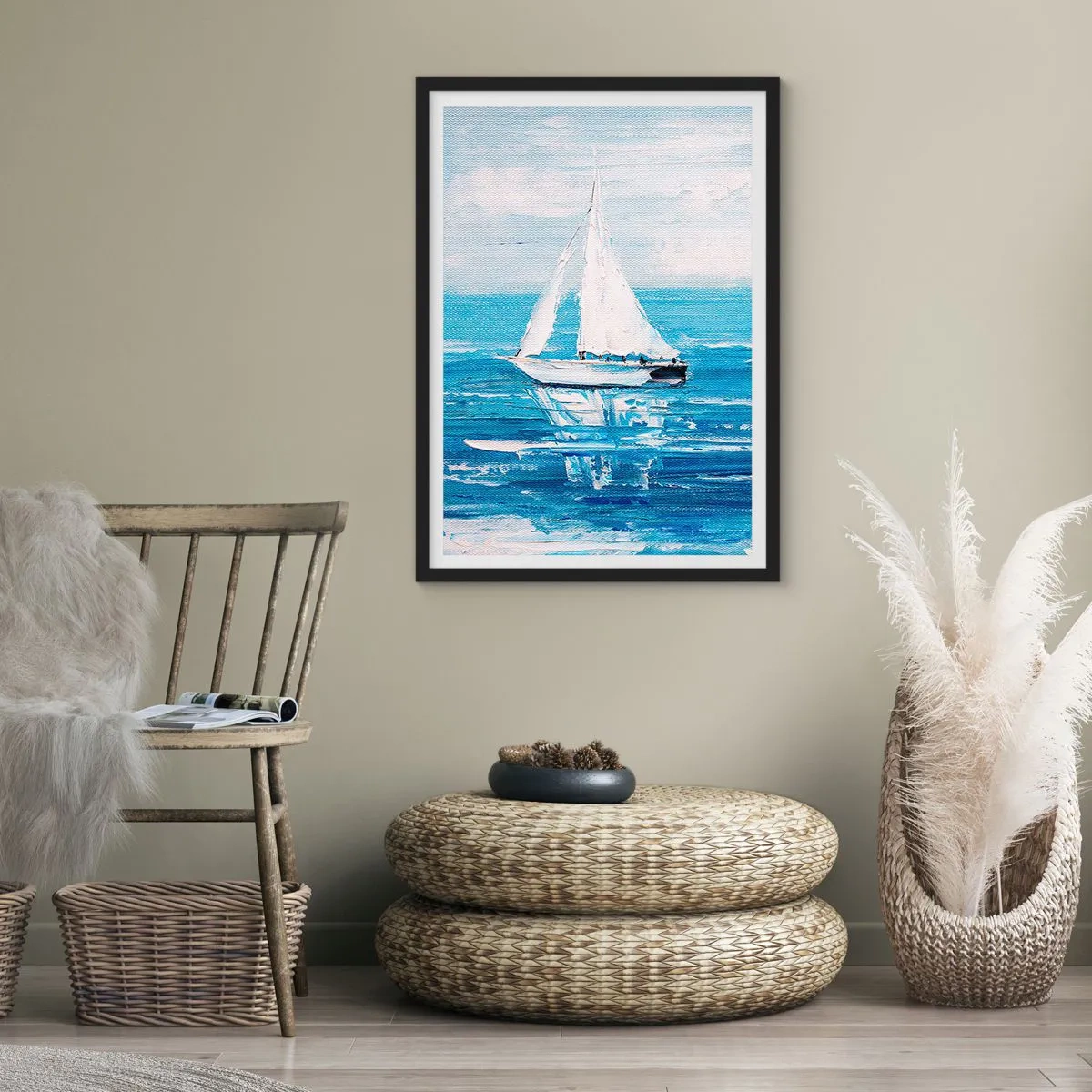 Poster in black frame - A yacht on the sea in shades of blue - 50x70cm - With a Friend by the Side - Modern wall decoration for the living room and bedroom ARTTOR