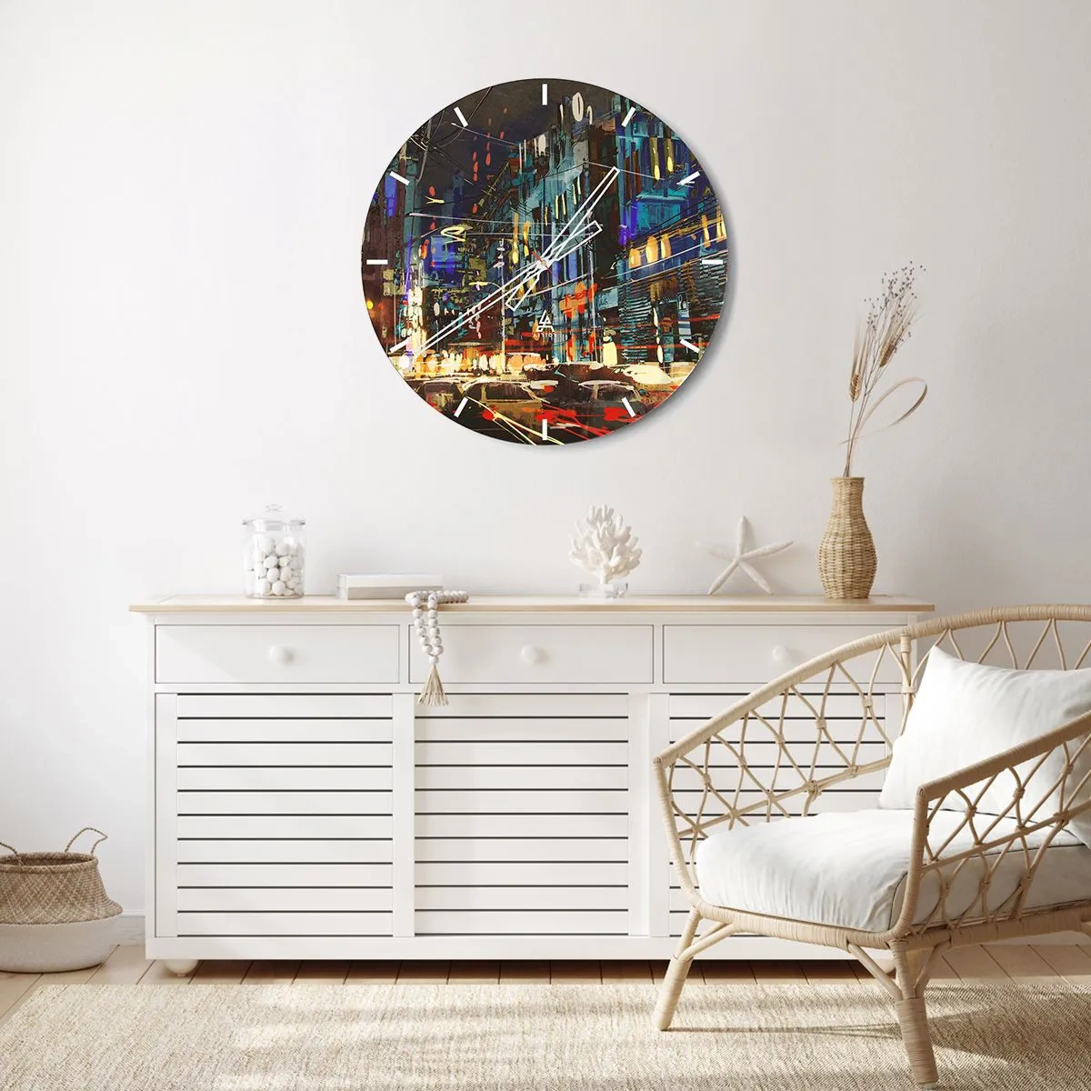 Wall clock - Clock on glass - Evening Street Bustle - 40x40 cm