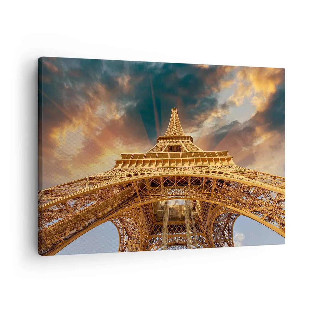 Canvas picture - The Eiffel Tower from below against the backdrop of the setting sun - 70x50cm - Man Has Reached the Clouds - Modern wall decoration for the living room and bedroom ARTTOR