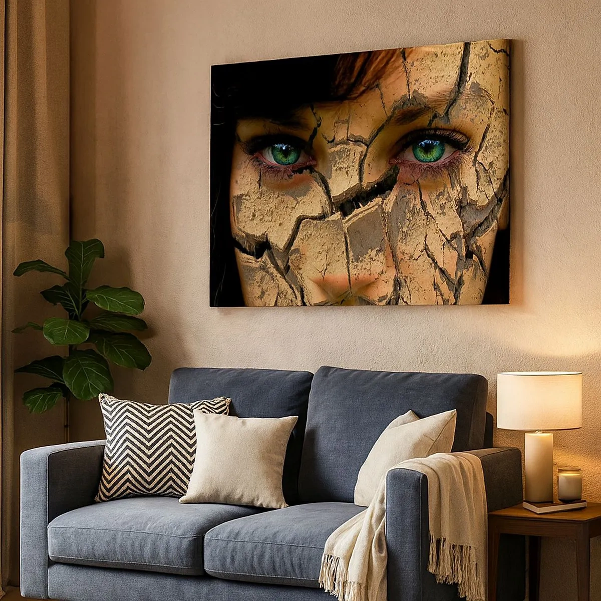 Canvas picture - The face of a woman with green eyes covered with a cracked earth structure - 70x50cm - Delight and Horror - Modern wall decoration for the living room and bedroom ARTTOR