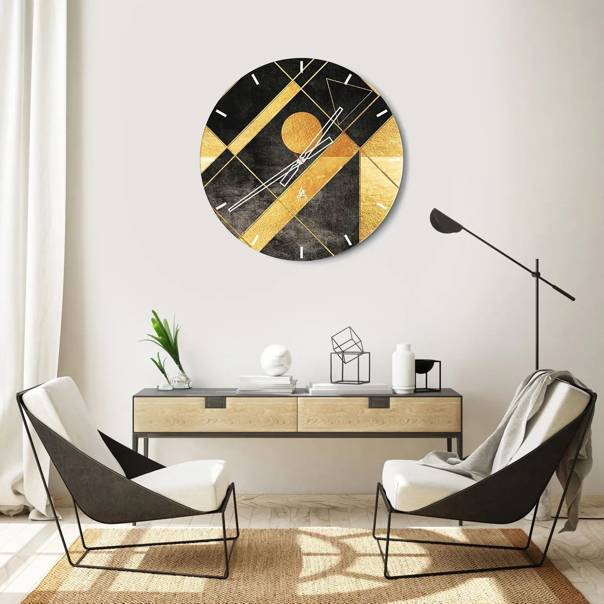 Wall clock - Clock on glass - Golden geometric shapes on a black background with a sun motif - 30x30cm - Sun of the Desert - Modern wall decoration for the living room, kitchen, and bedroom ARTTOR