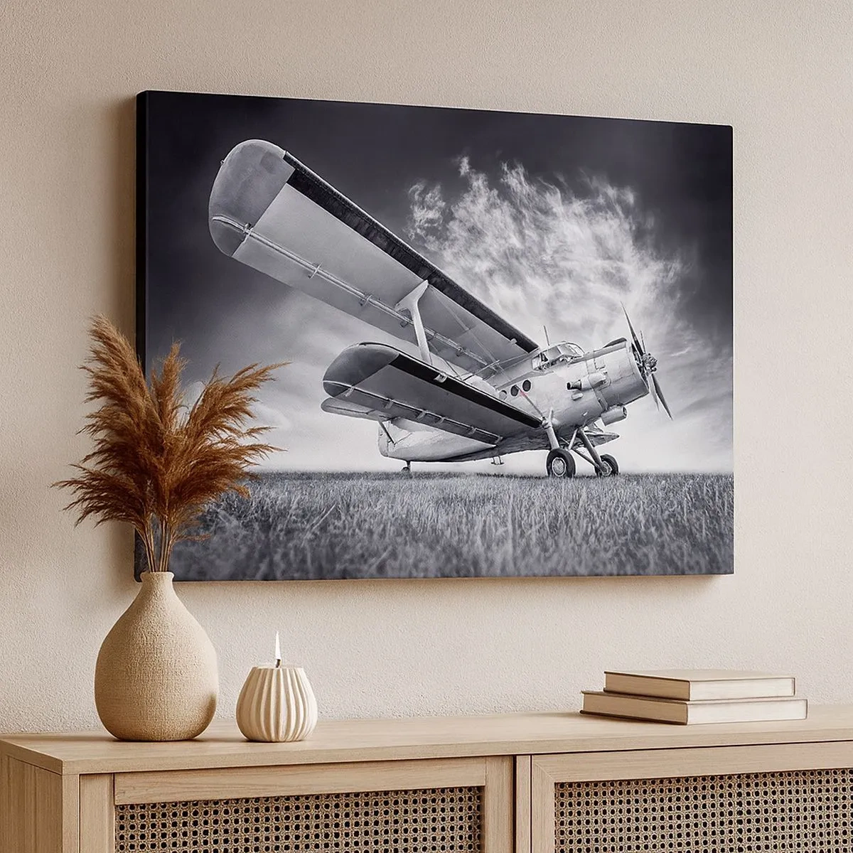Canvas picture - A plane against a dramatic sky in black and white - 70x50cm - Winged Pilgrim - Modern wall decoration for the living room and bedroom ARTTOR