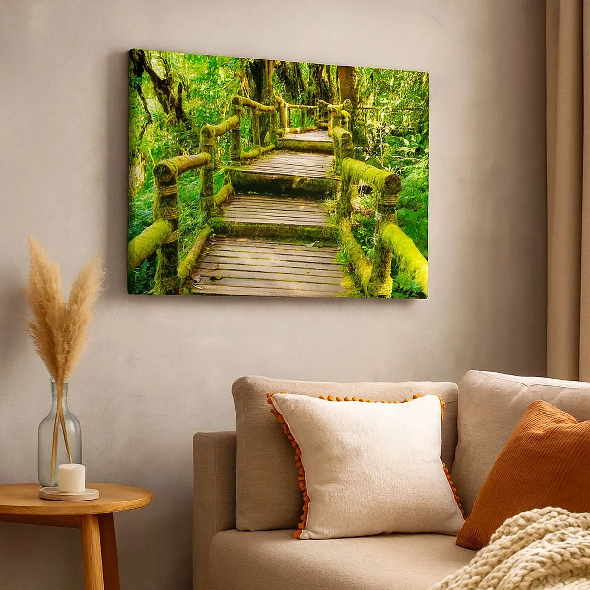 Canvas picture - A wooden bridge covered with moss in a tropical rainforest - 70x50cm - Down the Green Path - Modern wall decoration for the living room and bedroom ARTTOR