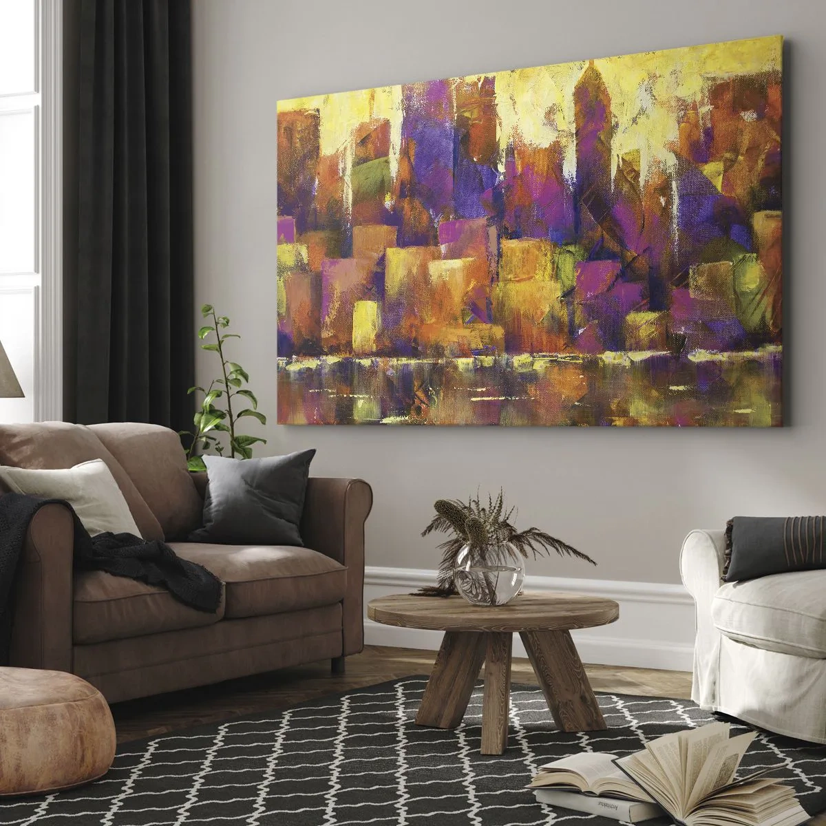 Canvas picture - Abstract composition of a metropolis in shades of yellow and purple - 70x50cm - Metropolitan Composition - Modern wall decoration for the living room and bedroom ARTTOR