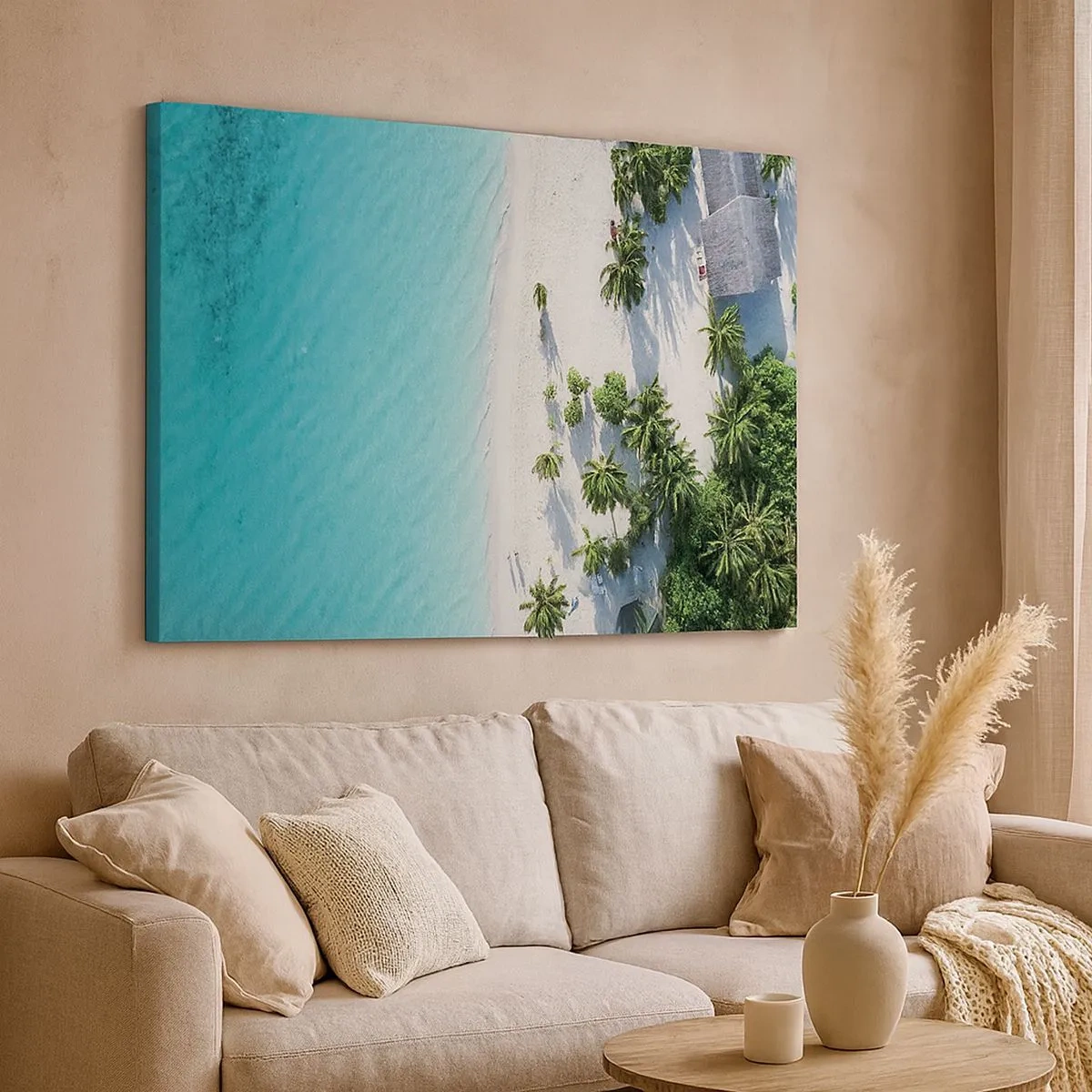 Canvas picture - A bird's eye view of a tropical beach with turquoise water and palm trees - 70x50cm - Holidays in Paradise - Modern wall decoration for the living room and bedroom ARTTOR
