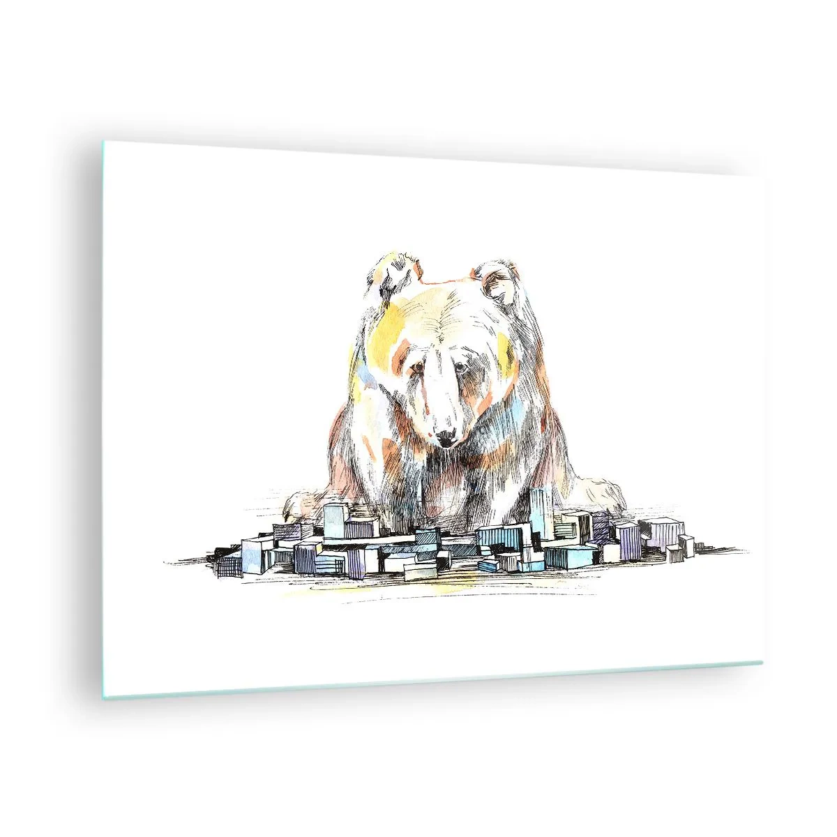 Glass picture - A bear looking at the city in an artistic composition - 70x50cm - How Can You Live like That? - Modern wall decoration for the living room and bedroom ARTTOR