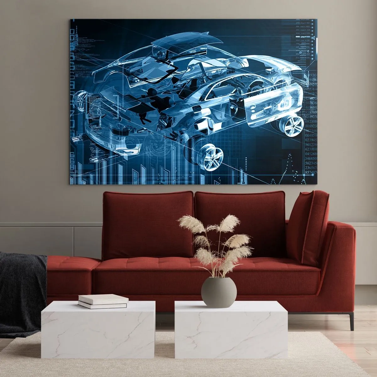 Glass picture - Technological diagram of a futuristic-style car - 70x50cm - Engineering Anatomy - Modern wall decoration for the living room and bedroom ARTTOR